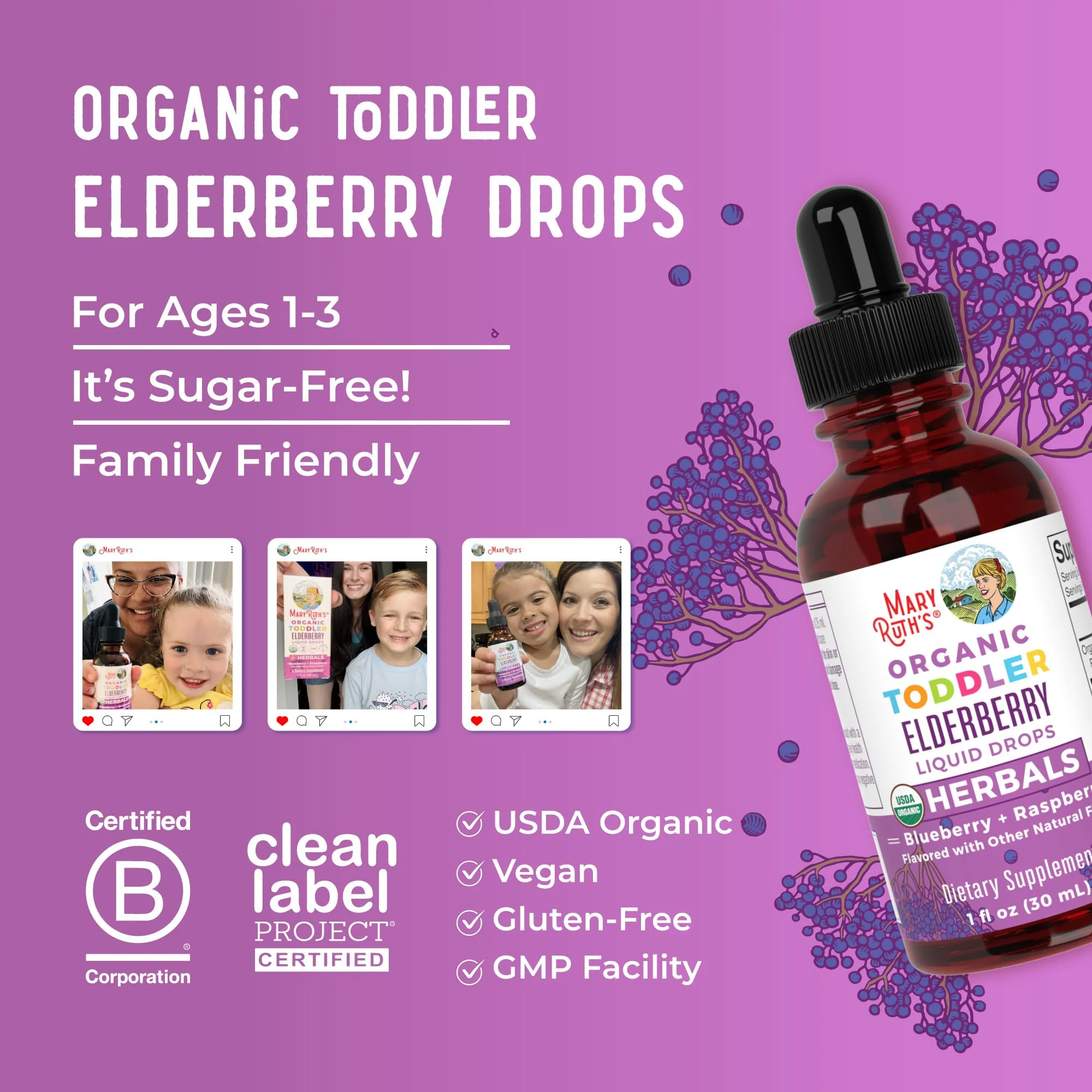 MaryRuth Organics Toddler Elderberry Syrup, USDA Organic Elderberry, Sugar Free Kids Immune Support Supplement for Ages 1-3 Years, Clean Label Project Verified®, Vegan, Non-GMO, Gluten Free, 1 Fl Oz - Image 3