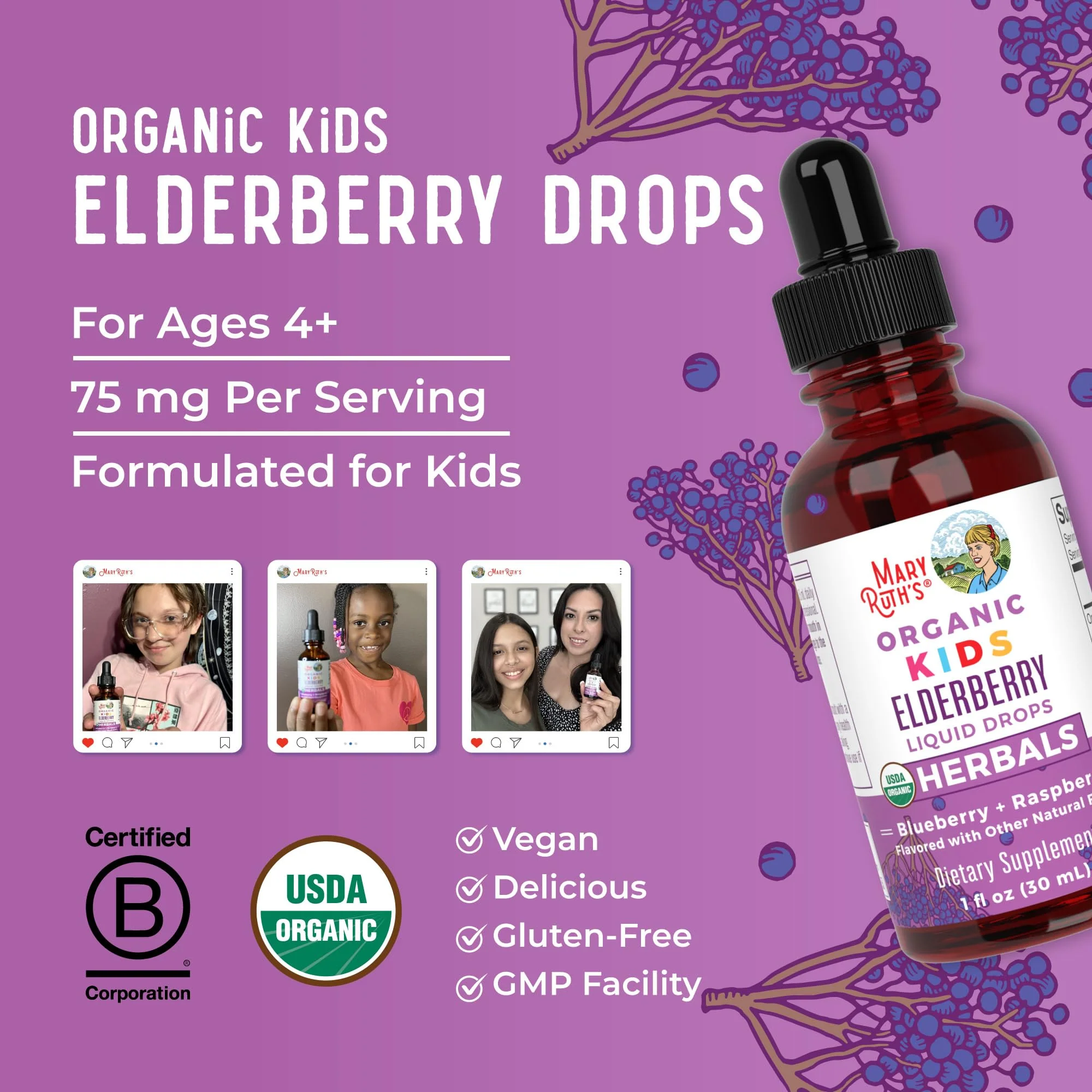 MaryRuth Organics USDA Organic Elderberry Liquid Drops for Kids | Vegan Elderberry Extract Organic Glycerin | Immune Support Supplement | Overall Health | Formulated for Ages 4-13 | 1oz - Image 4