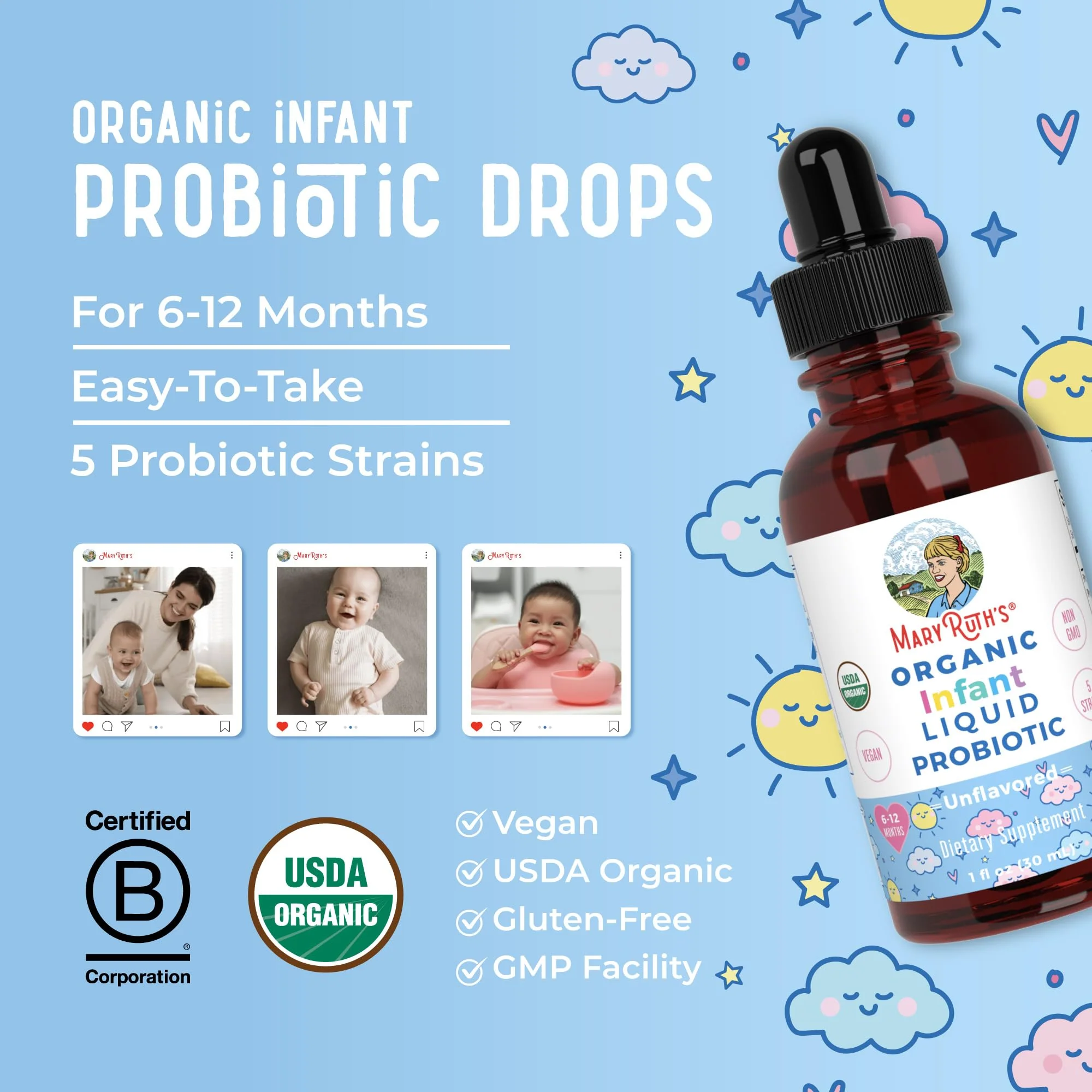 MaryRuth Organics USDA Organic Infant Liquid Probiotic Drops | Baby Essentials | Probiotics for Infants | Baby Probiotic Drops | Proprietary Probiotic Blend | Vegan | Non GMO | 125 Servings - Image 4