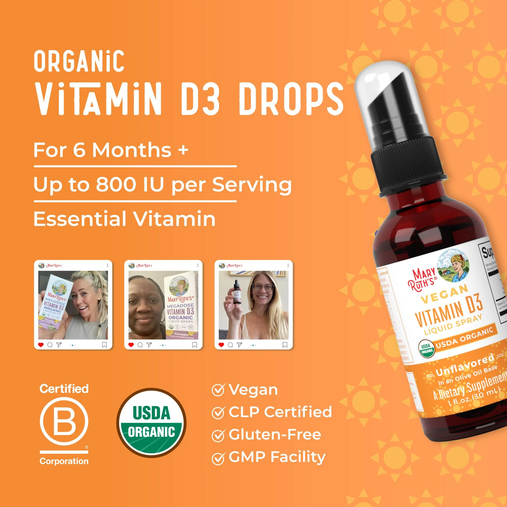 MaryRuth Organics Vitamin D USDA Organic | VIT D3 Liquid | Sugar Free | Liquid VIT D Spray Immune Support for Adults & Kids | Bone Health| Vegan | Gluten Free | Non-GMO | 30 Servings - Image 3