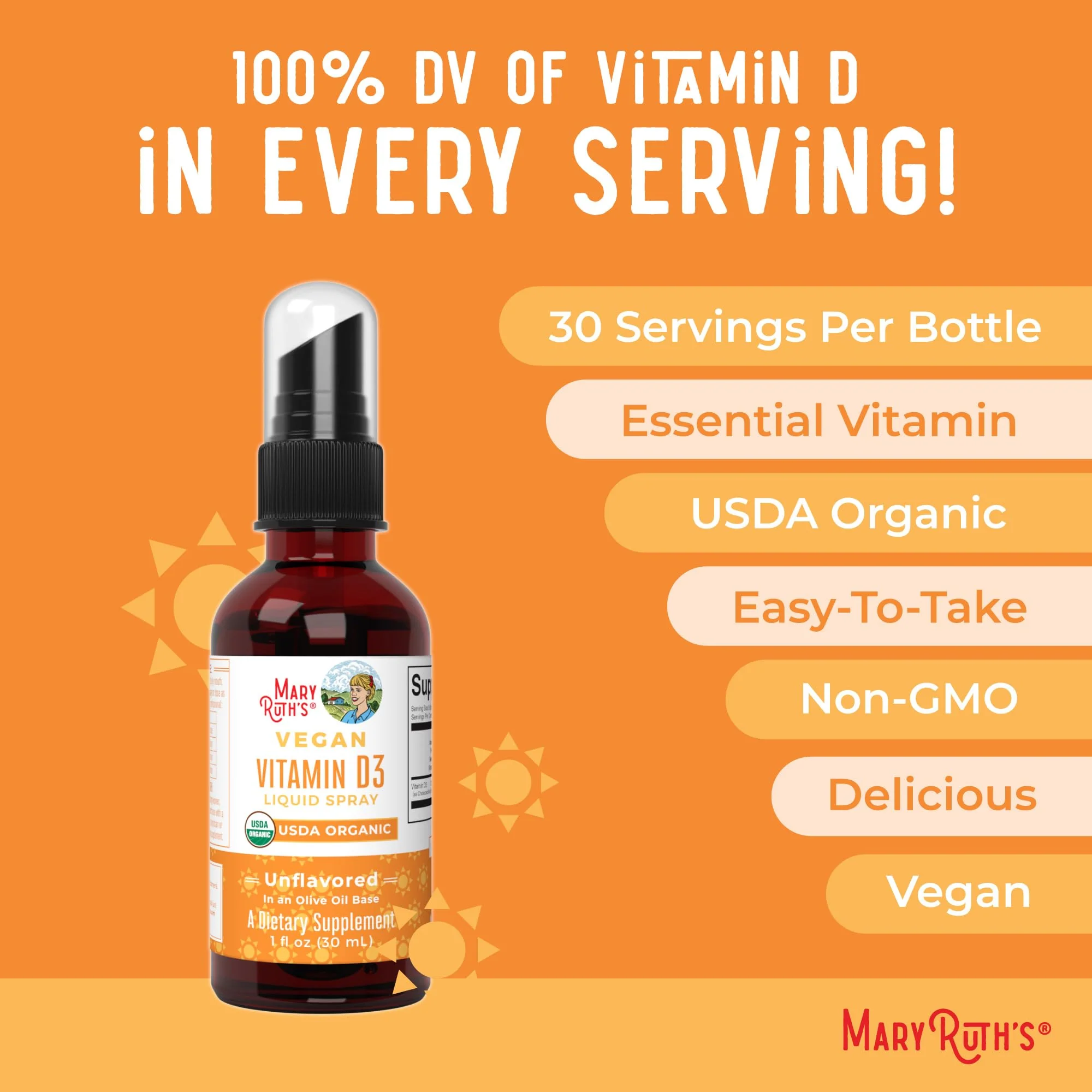 MaryRuth Organics Vitamin D USDA Organic | VIT D3 Liquid | Sugar Free | Liquid VIT D Spray Immune Support for Adults & Kids | Bone Health| Vegan | Gluten Free | Non-GMO | 30 Servings - Image 4
