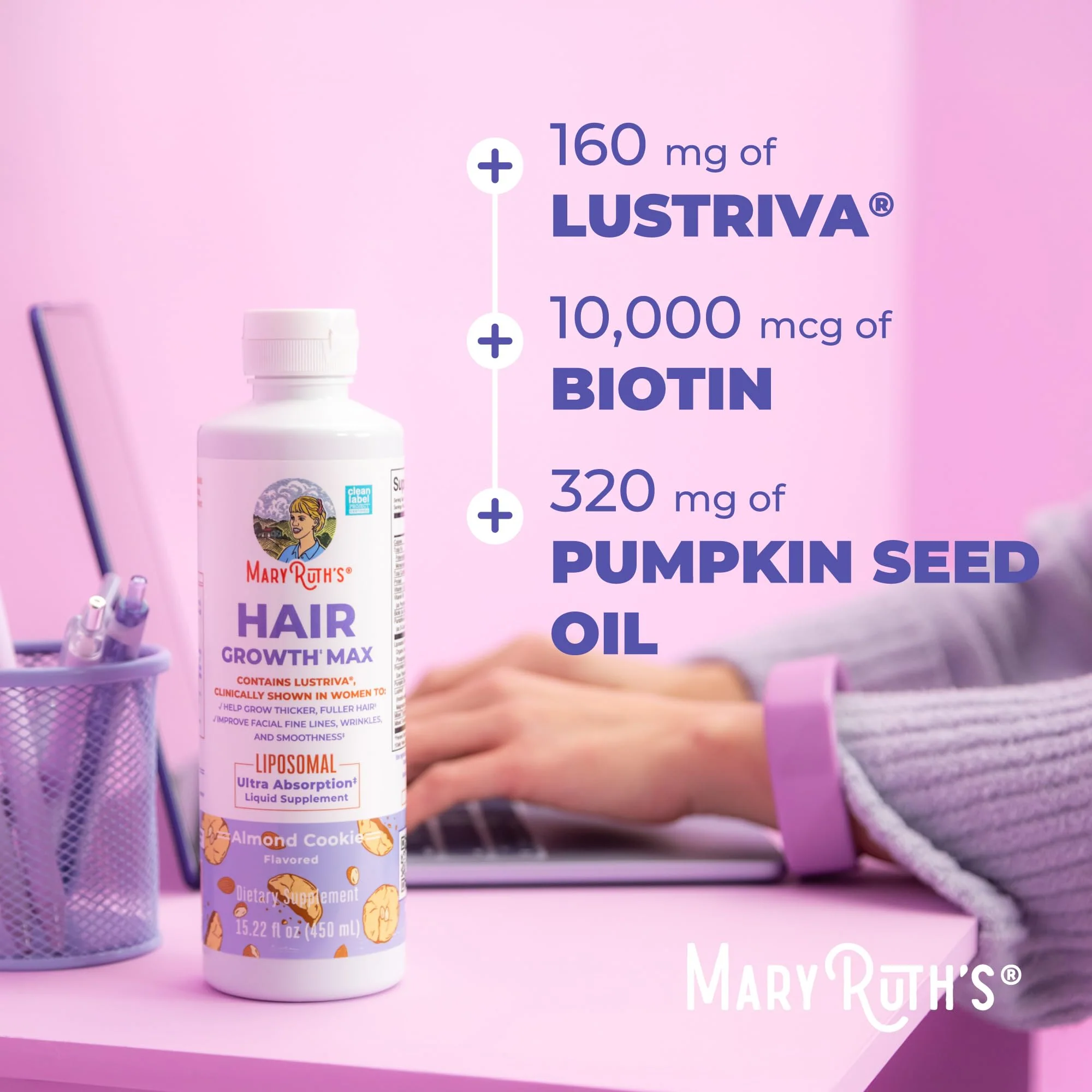 MaryRuth Organics Women's Hair Growth MAX Liposomal | with Lustriva® + Biotin 10000mcg + Pumpkin Seed Oil | Thicker Hair | Hair Care | Wrinkles, Fine Lines, Skin Care | Ages 18+ | 15.22 Fl Oz - Image 5