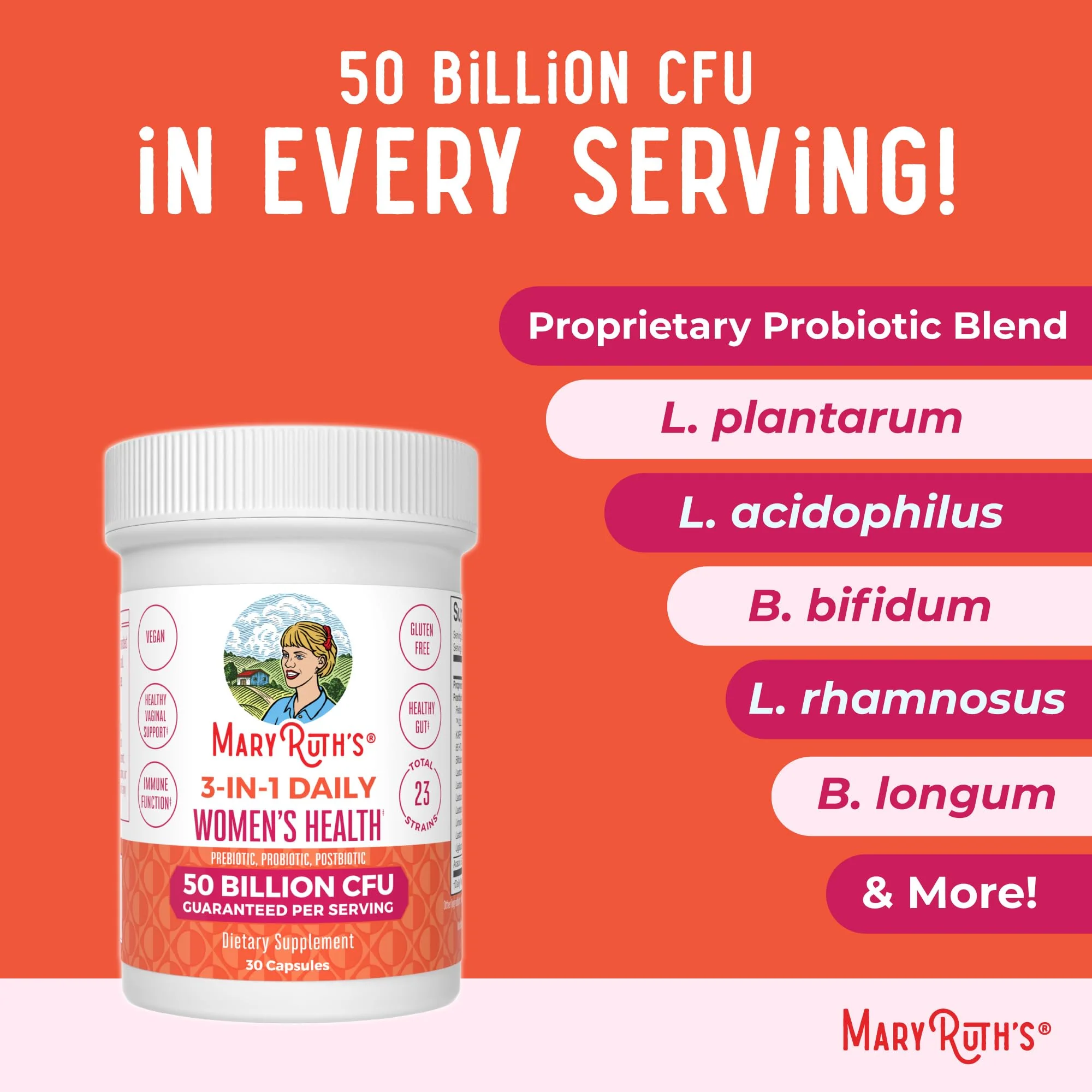 MaryRuth's 3-in-1 Daily Health Probiotics for Women | Hormone Support & Gut Health Supplement for Women | Women’s Probiotic | 50 Billion CFU | Vegan | 30 ct - Image 4