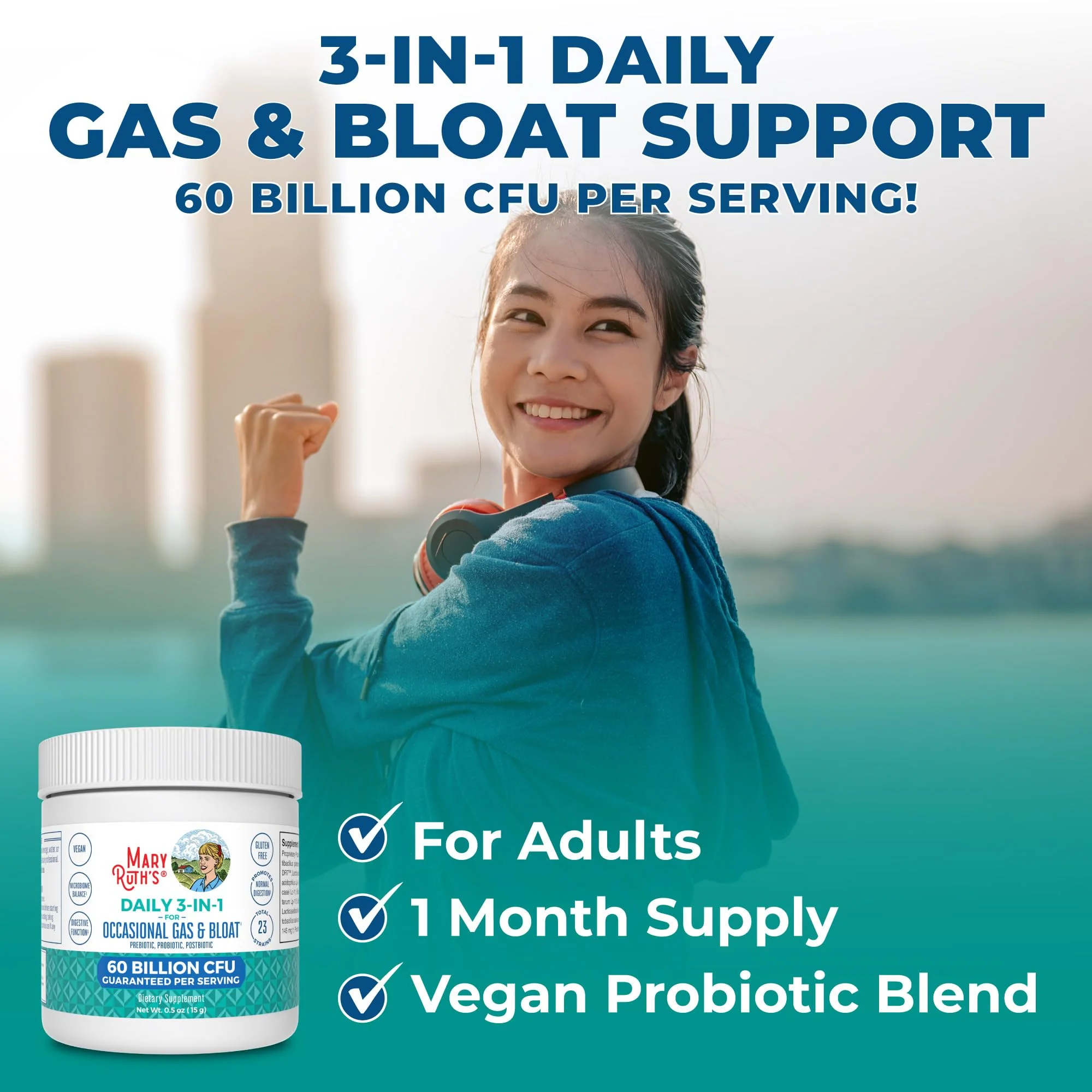 MARYRUTH'S 3-in-1 Gas & Bloat Probiotic Powder | Probiotics for Normal Digestive Function | Probiotics for Women & Men | Prebiotics & Postbiotics | 60 Billion CFU | 23 Unique Strains | 0.5 oz - Image 3