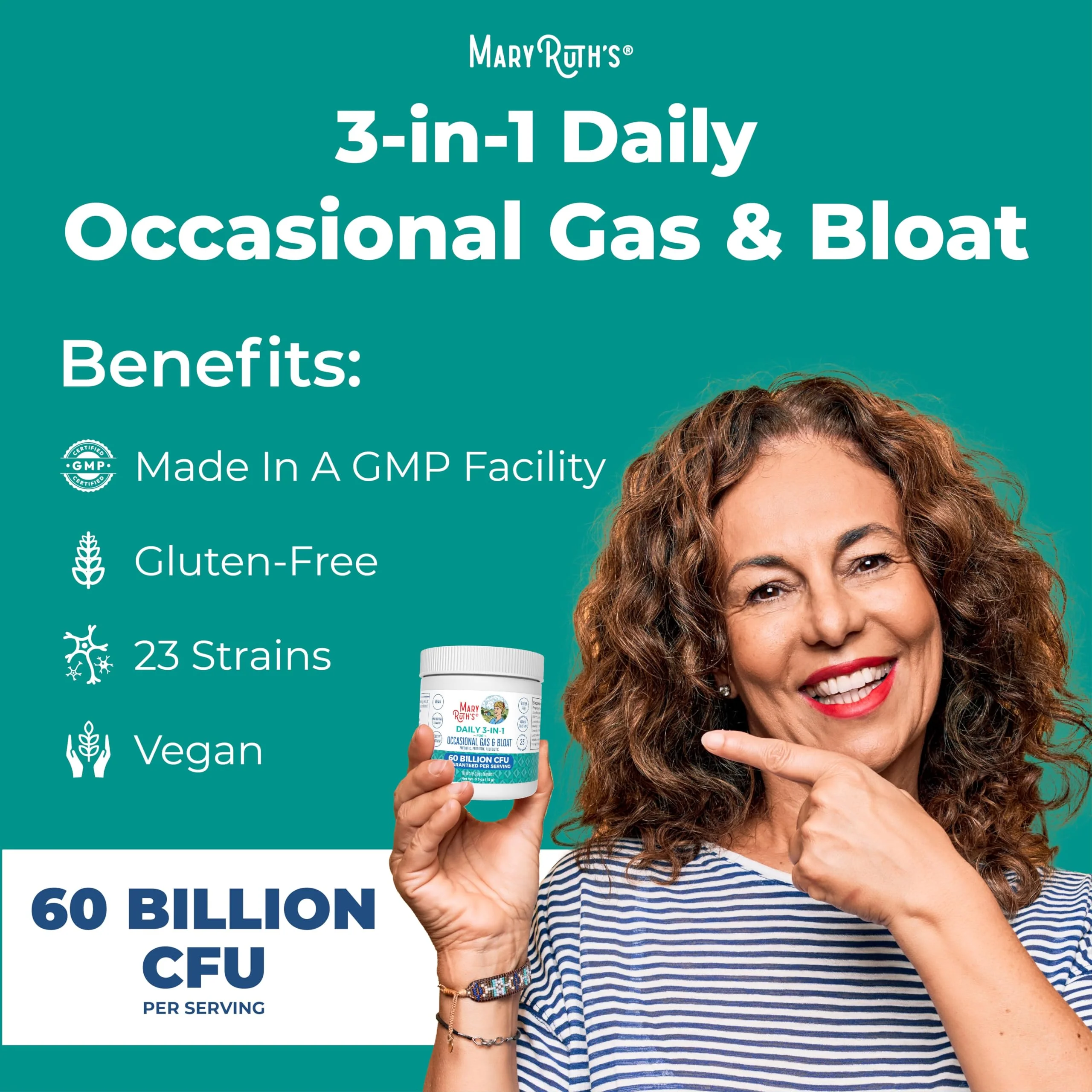MARYRUTH'S 3-in-1 Gas & Bloat Probiotic Powder | Probiotics for Normal Digestive Function | Probiotics for Women & Men | Prebiotics & Postbiotics | 60 Billion CFU | 23 Unique Strains | 0.5 oz - Image 4