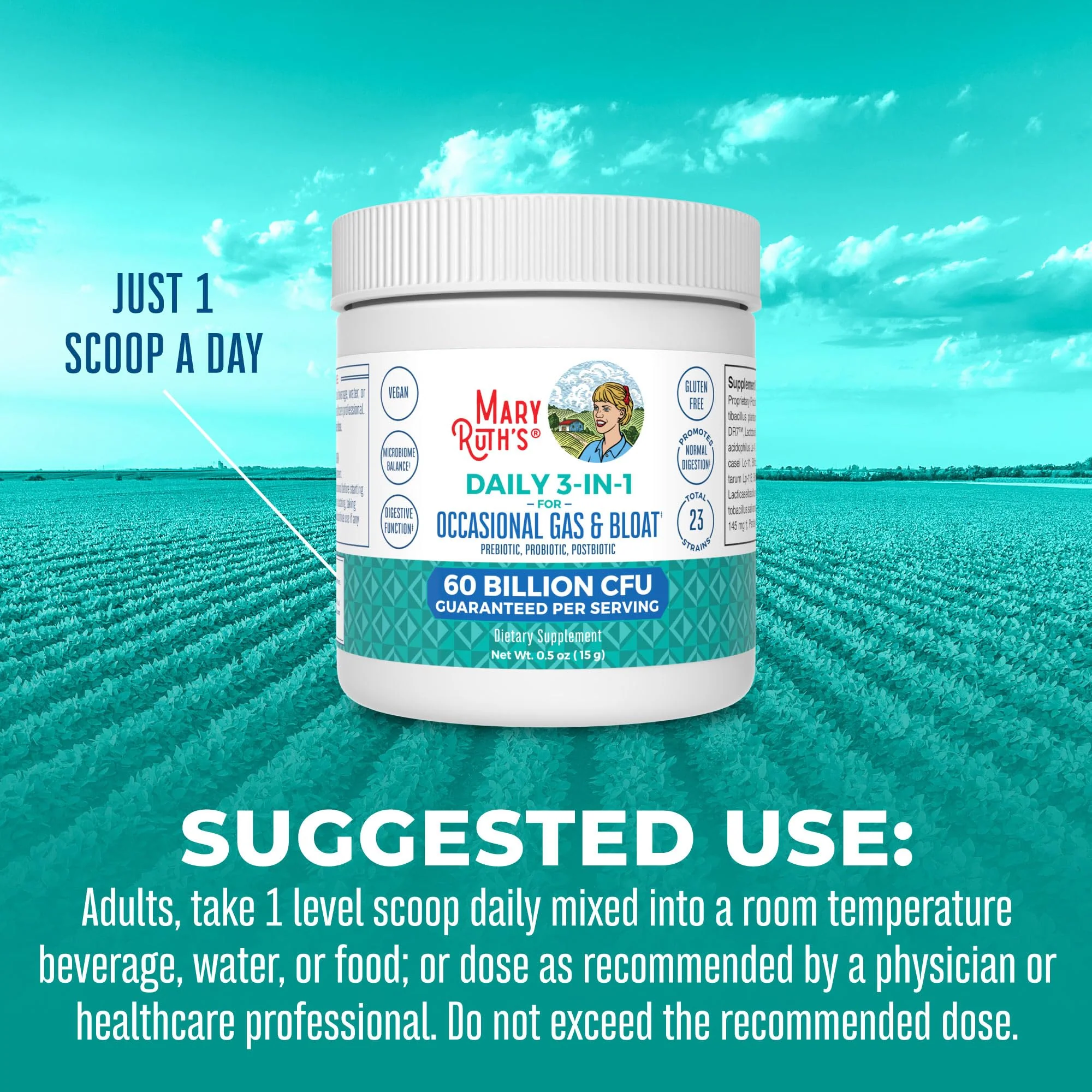 MARYRUTH'S 3-in-1 Gas & Bloat Probiotic Powder | Probiotics for Normal Digestive Function | Probiotics for Women & Men | Prebiotics & Postbiotics | 60 Billion CFU | 23 Unique Strains | 0.5 oz - Image 5