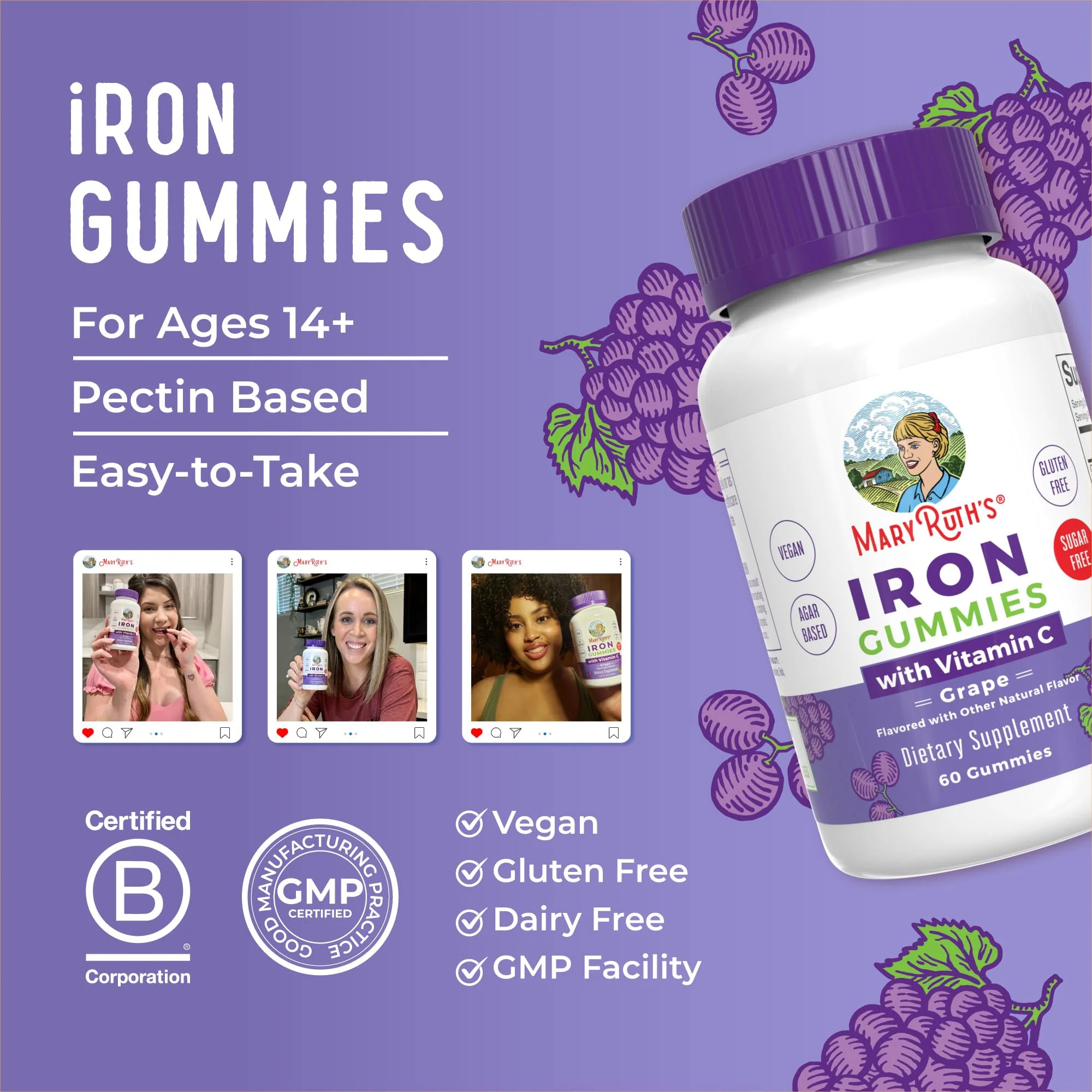 MaryRuth's Iron Gummies for 14+ with Vitamin C for Absorption | Sugar Free | Gummy Iron Supplement + VIT C | Energy Metabolism | Cellular Health | Immune Support | Vegan | Non-GMO | 60 Count - Image 3