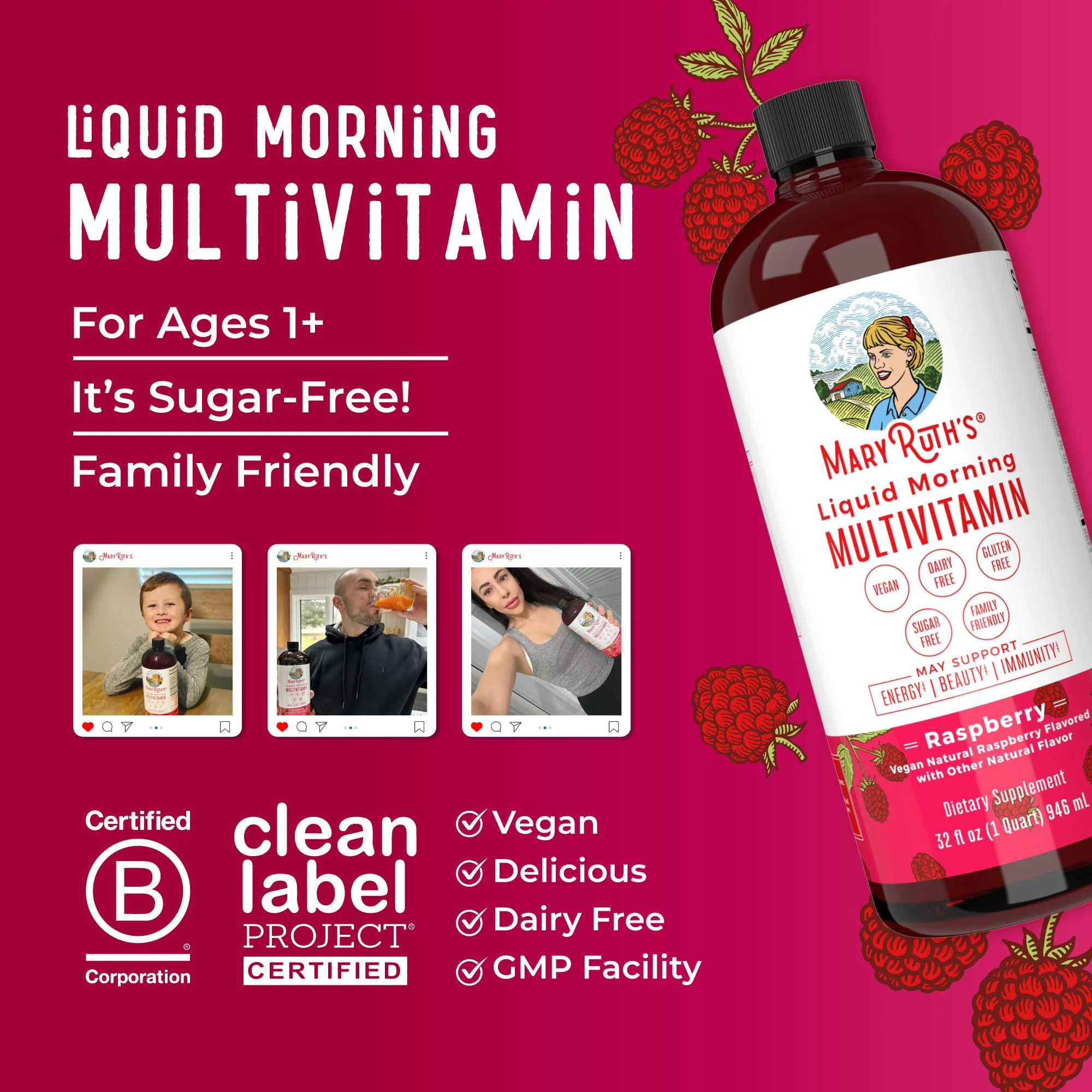 MARYRUTH'S Liquid Morning Multivitamin for Women, Men & Kids | Vitamin A C D E B6 B12 Biotin Zinc | Beauty | Vegan | Non-GMO | Gluten Free | 32 Servings - Image 3
