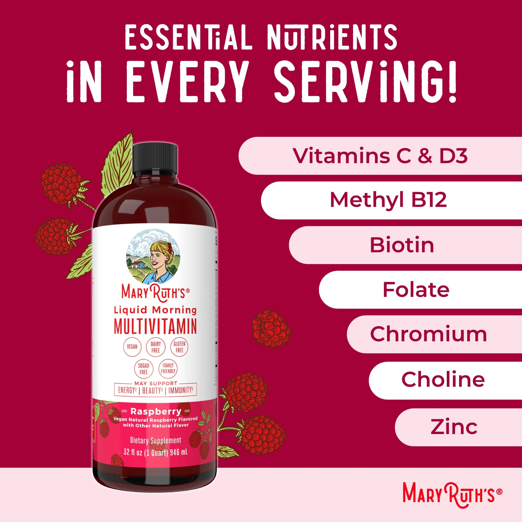 MARYRUTH'S Liquid Morning Multivitamin for Women, Men & Kids | Vitamin A C D E B6 B12 Biotin Zinc | Beauty | Vegan | Non-GMO | Gluten Free | 32 Servings - Image 4