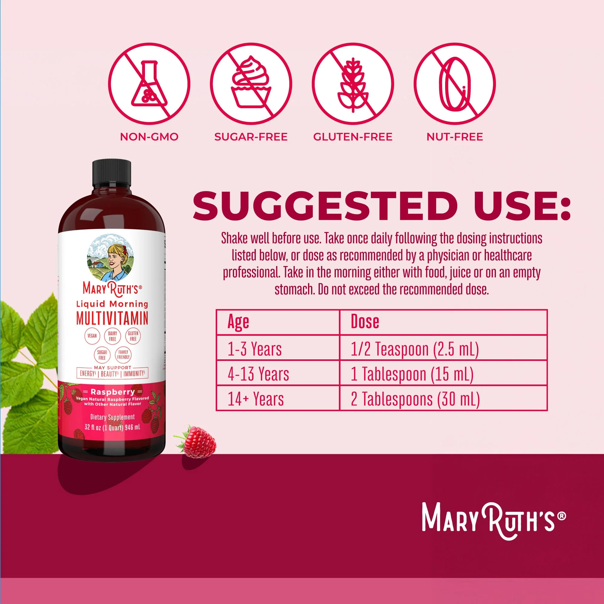 MARYRUTH'S Liquid Morning Multivitamin for Women, Men & Kids | Vitamin A C D E B6 B12 Biotin Zinc | Beauty | Vegan | Non-GMO | Gluten Free | 32 Servings - Image 8