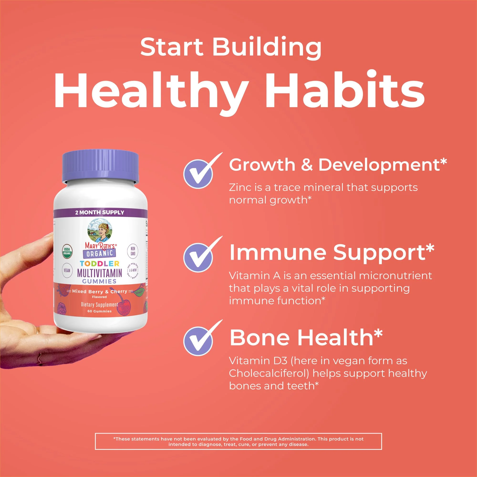 MaryRuth's Organic Toddler Multivitamin Gummies | Ages 4+ | Vitamin A, C, D, E, B6, B12, Biotin, Iodine, Zinc | Immunity | Bone & Teeth Health | Skin & Vision Support | Vegan | Gluten Free | 60 Count - Image 6