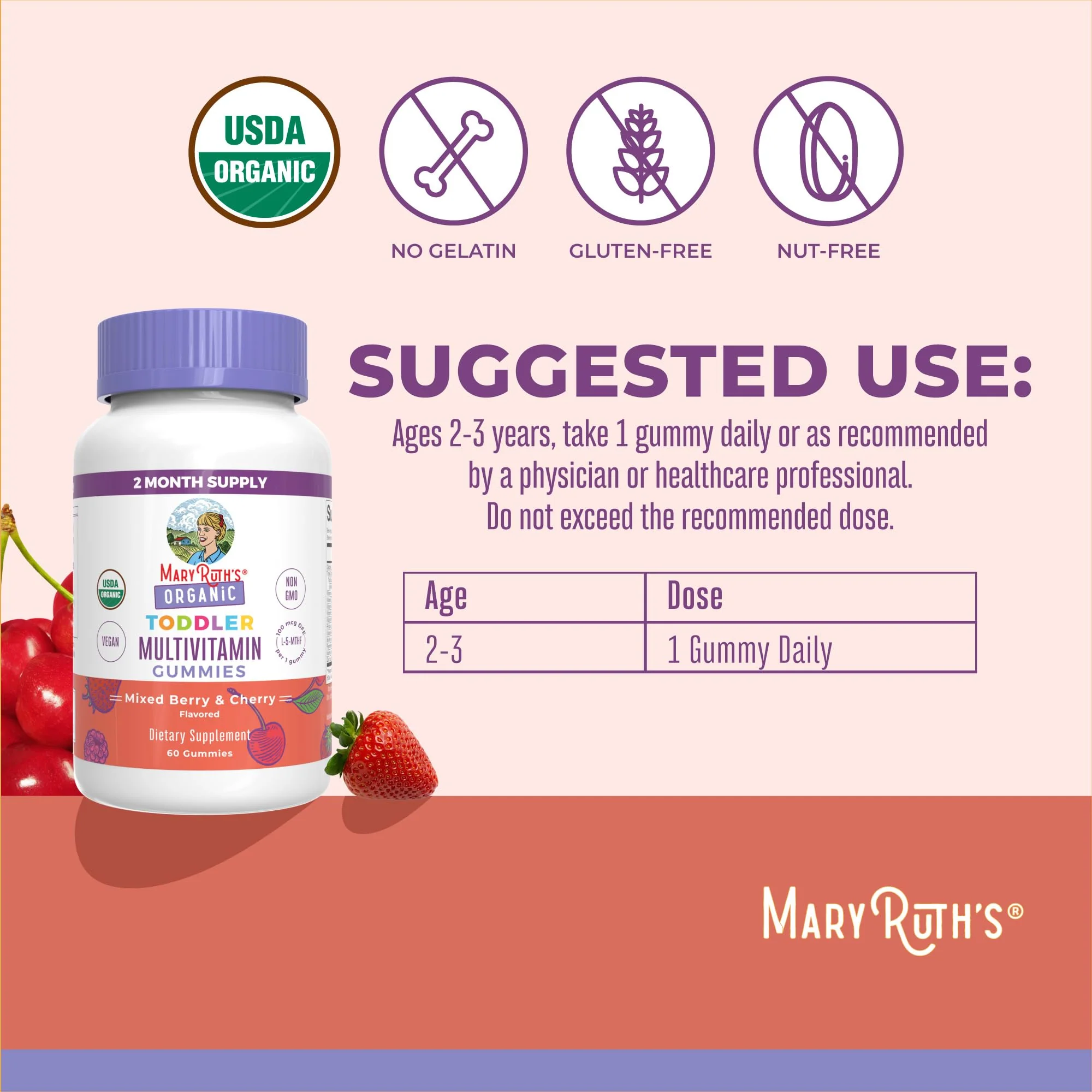 MaryRuth's Organic Toddler Multivitamin Gummies | Ages 4+ | Vitamin A, C, D, E, B6, B12, Biotin, Iodine, Zinc | Immunity | Bone & Teeth Health | Skin & Vision Support | Vegan | Gluten Free | 60 Count - Image 8