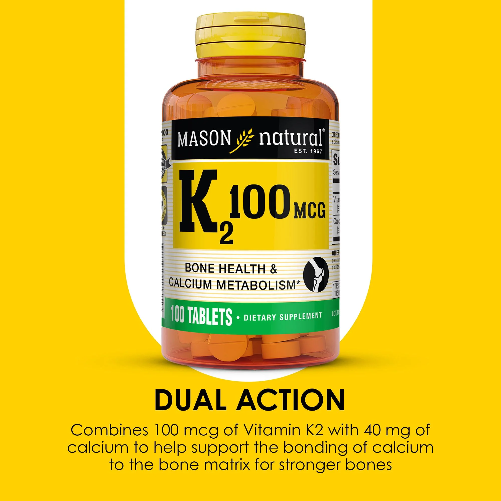 MASON NATURAL Vitamin K2 100 mcg with Calcium, Supports Bone, Heart & Muscle Health, 100 Tablets - Image 5