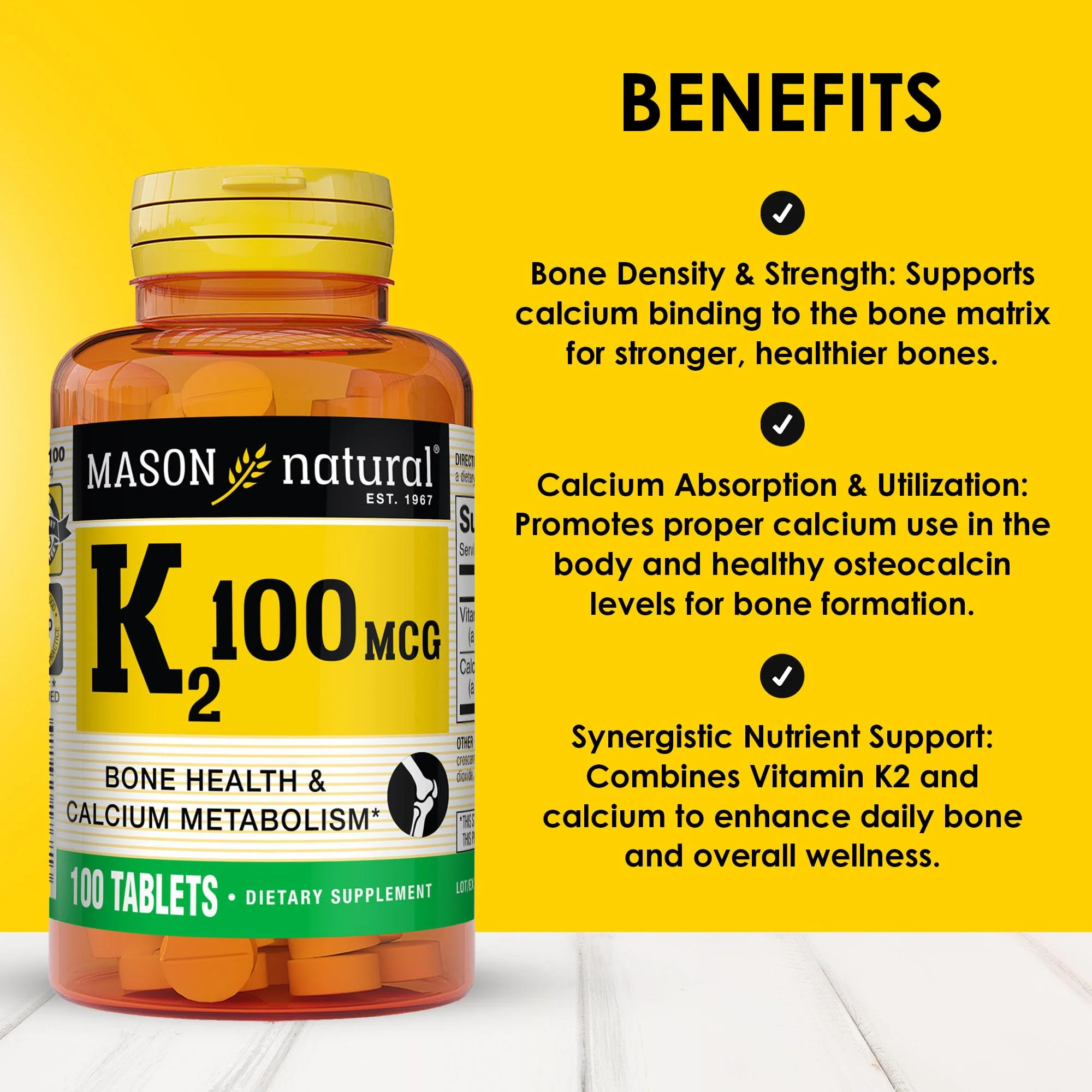 MASON NATURAL Vitamin K2 100 mcg with Calcium, Supports Bone, Heart & Muscle Health, 100 Tablets - Image 7