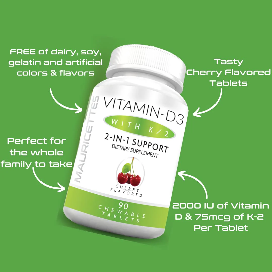 Mauricettes Chewable Vitamin D3 with K2 – 2-in-1 Bone & Heart Health Support – Immune Booster – Natural Cherry Flavor – 90 Tablets for Adults & Kids - Image 4