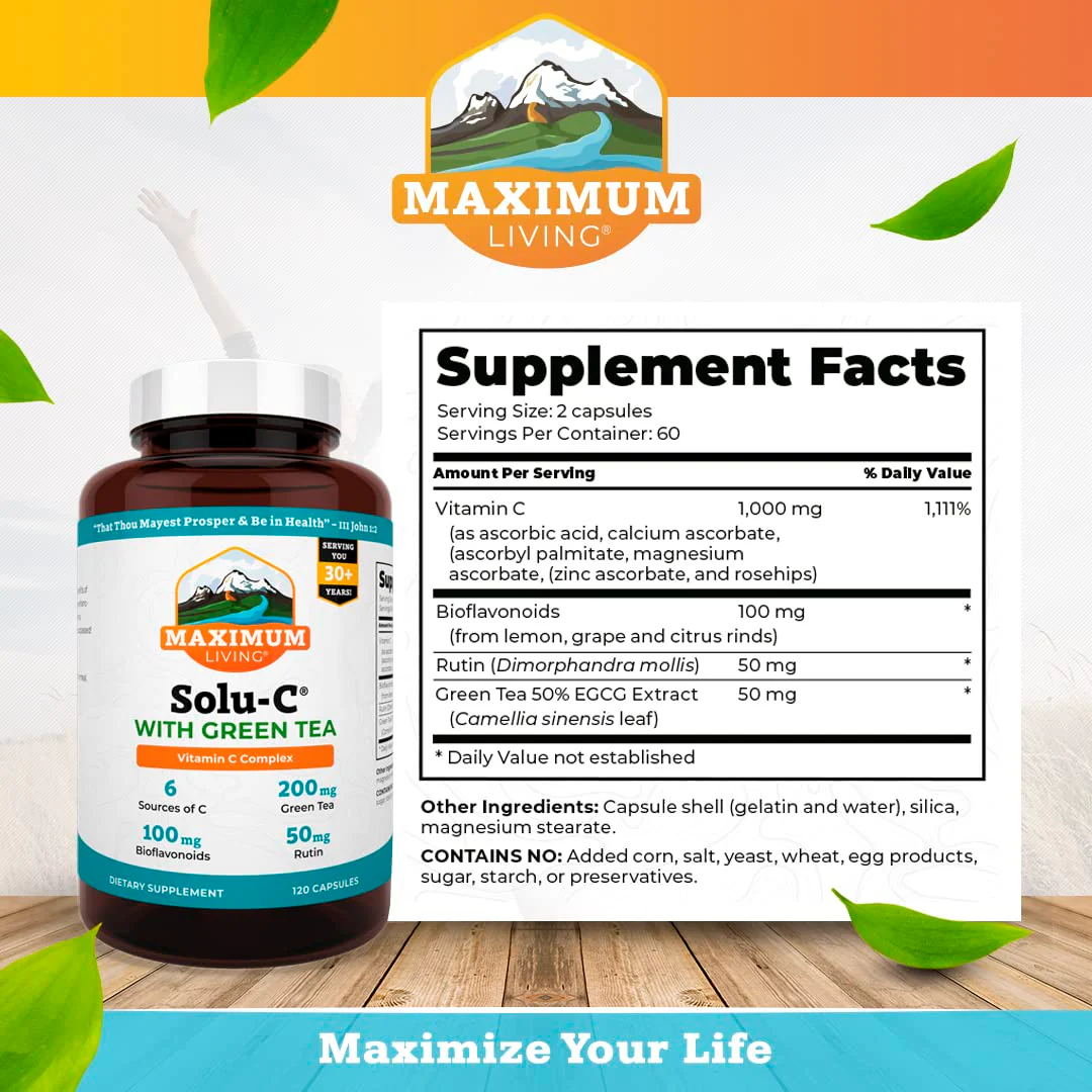 Maximum Living Solu-C with Green Tea - Vitamin C with Bioflavonoids and Rutin - Immune Support -120 Capsules - Image 5