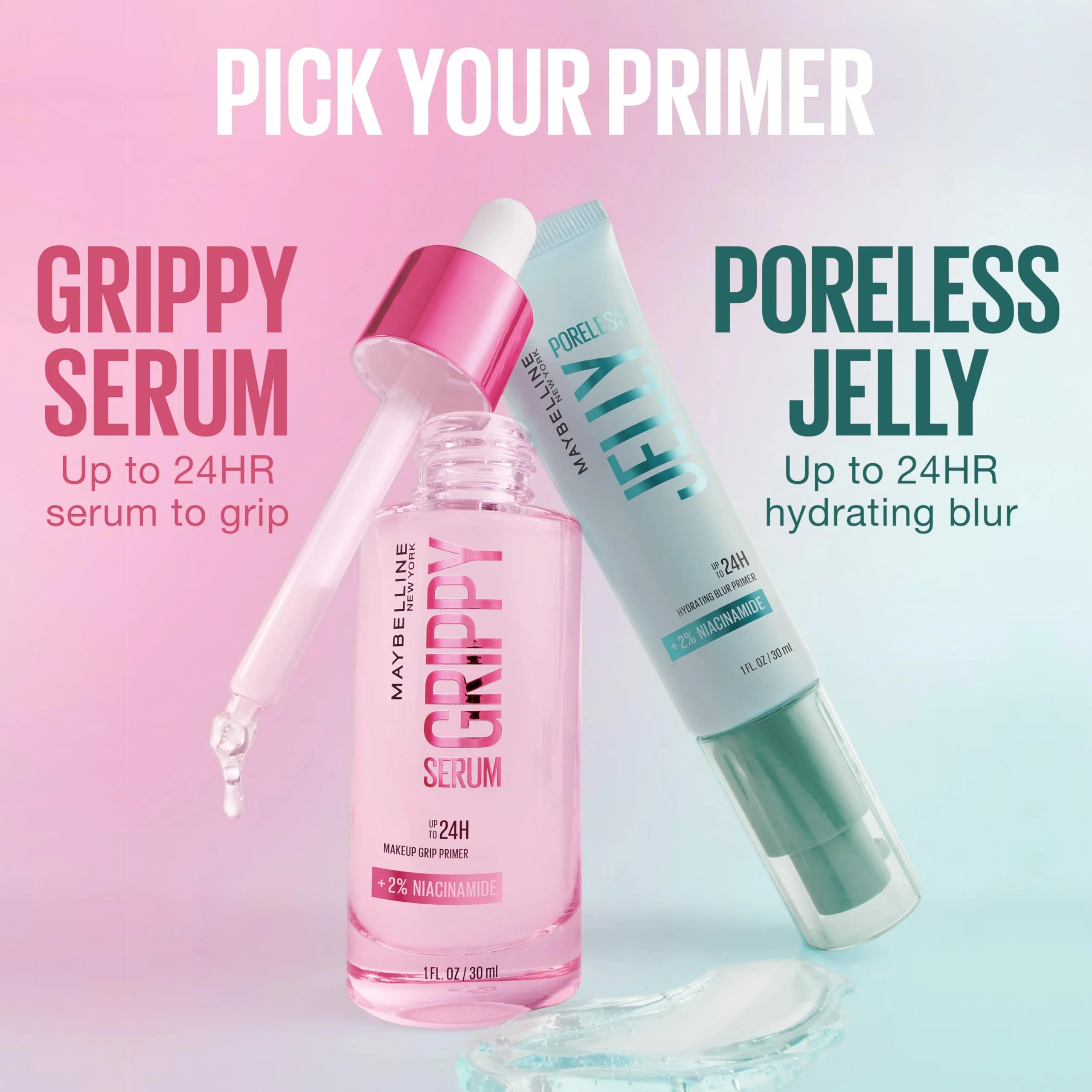 Maybelline Grippy Serum Primer, Hydrating Makeup Primer with 2% Niacinamide For Up To 24HR Make Up Wear, Clear, 1 Count - Image 2