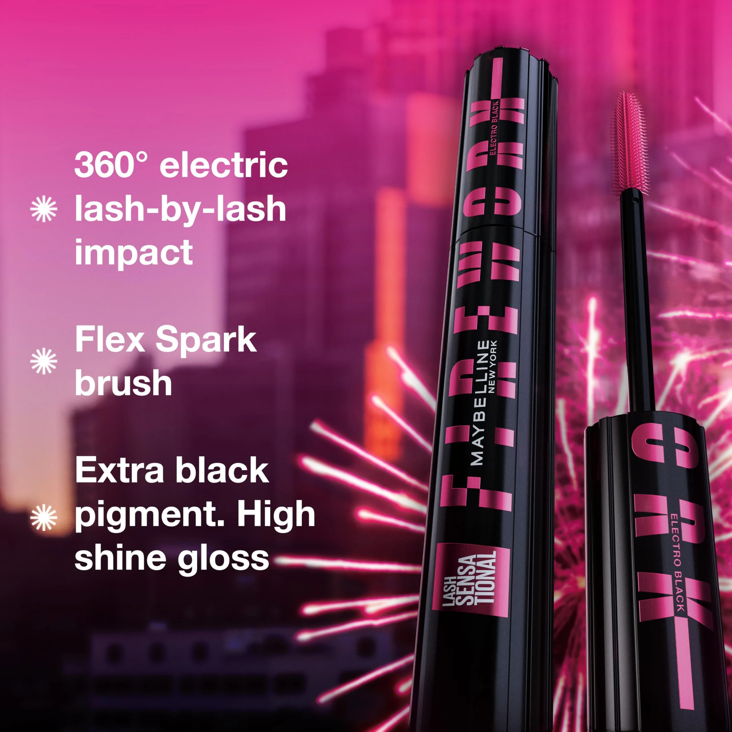 Maybelline Lash Sensational Firework Washable Mascara, Lengthening & Volumizing Mascara for up to 24HR wear, Electro Black, 1 Count - Image 2