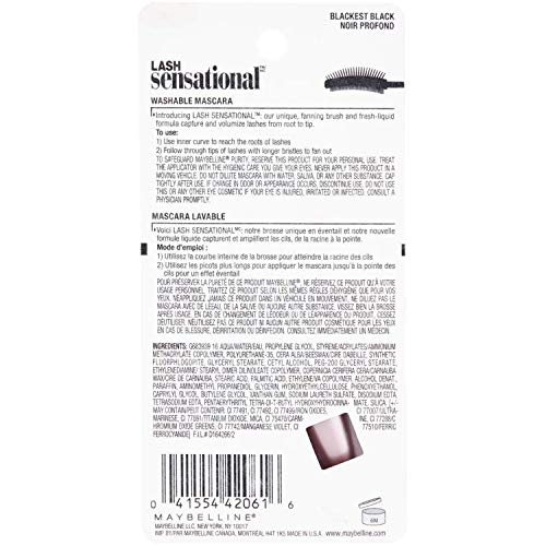 Maybelline Lash Sensational Washable Mascara, Lengthening and Volumizing for a Full Fan Effect, Blackest Black, 1 Count - Image 2