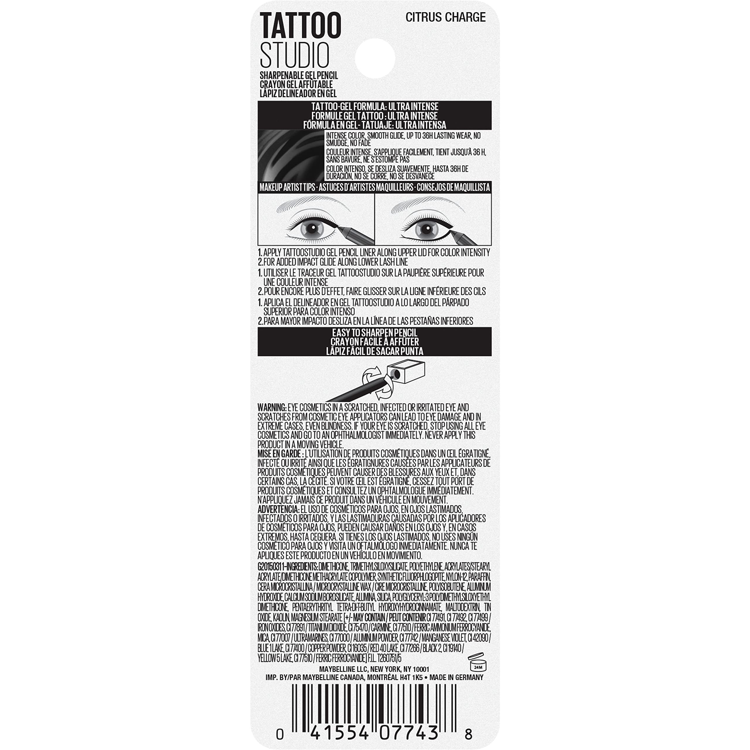 MAYBELLINE New York Tattoo Studio Long-Lasting Sharpenable Eyeliner Pencil, Glide on Smooth Gel Pigments with 36 Hour Wear, Waterproof Citrus Charge 0.04 oz - Image 2
