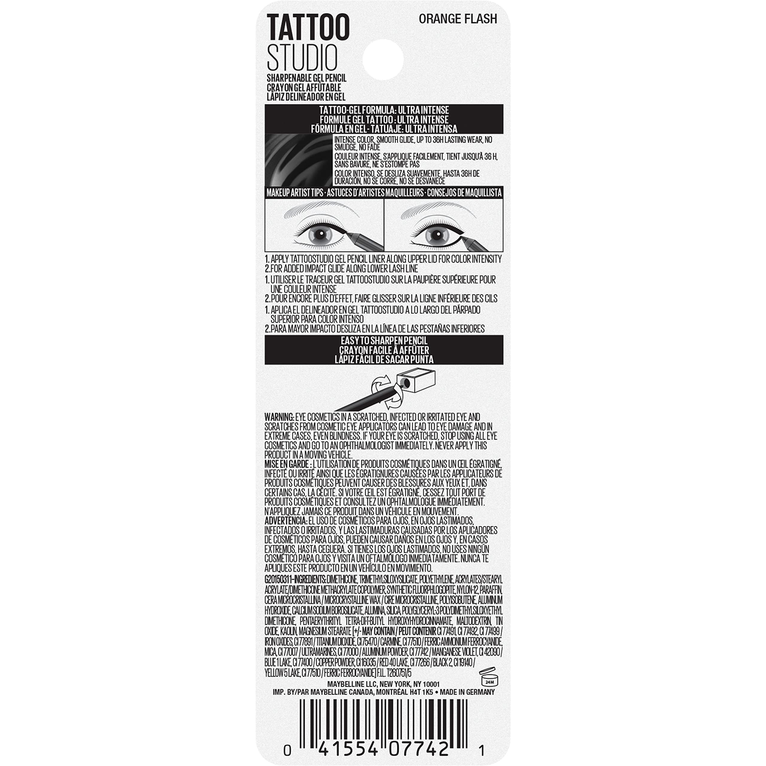 MAYBELLINE New York Tattoo Studio Long-Lasting Sharpenable Eyeliner Pencil, Glide on Smooth Gel Pigments with 36 Hour Wear, Waterproof Orange Flash 0.04 oz - Image 2
