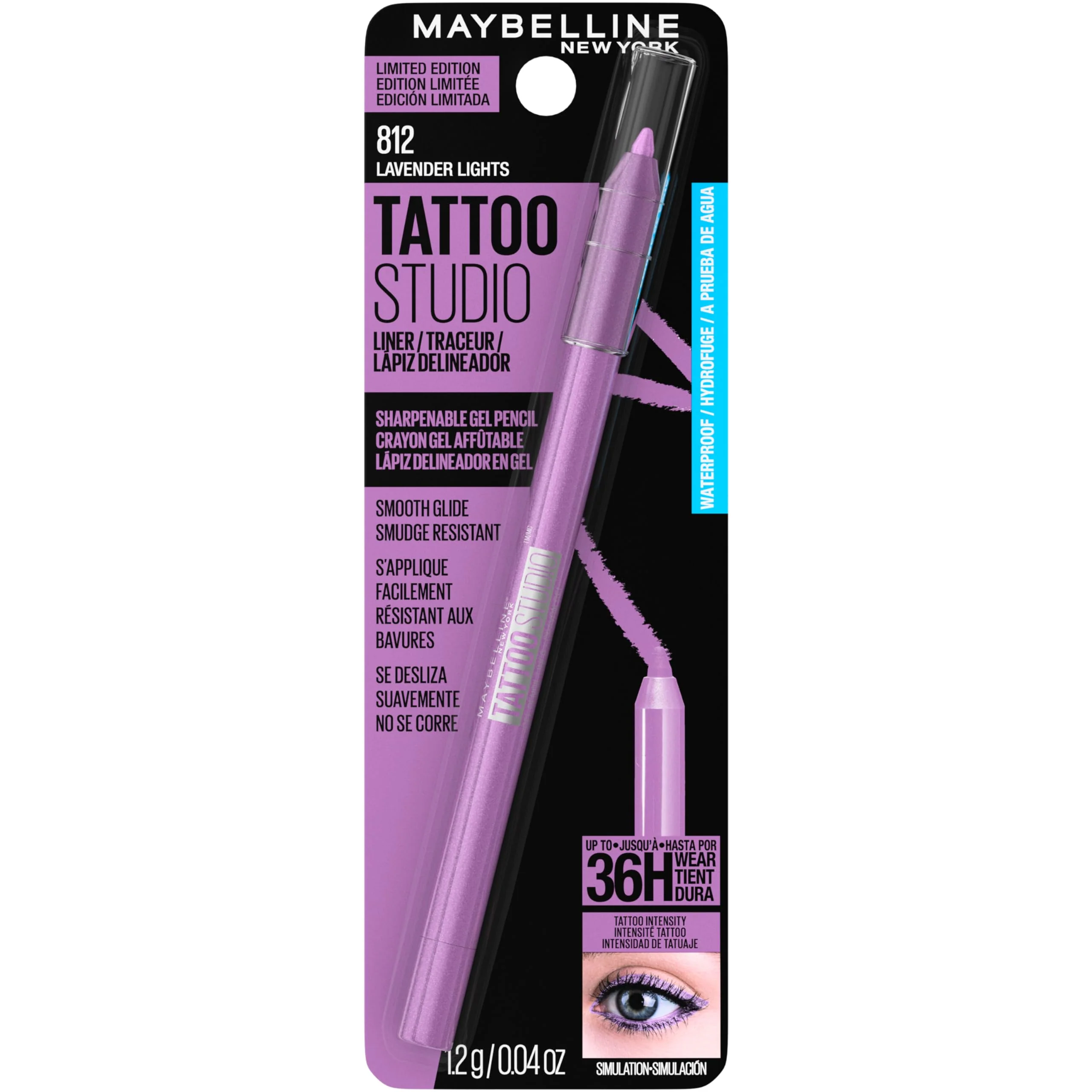 MAYBELLINE Tattoo Studio Sharpenable Eyeliner Pencil, 36 Hour Wear, Waterproof, Lavender Lights, 1 Count - Image 3