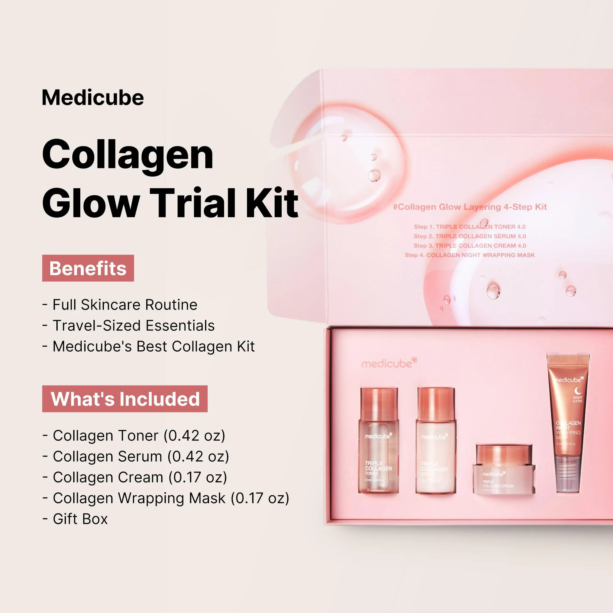 medicube Glass Skin Collagen Trial Kit | Korean Skincare Set and Kit | Gifts for women | 4-Step Skincare Set for glowy skin | Travel Size - Image 8
