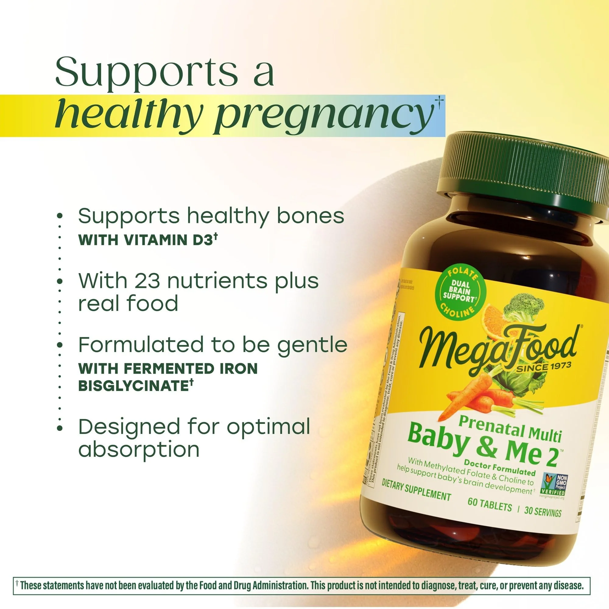 MegaFood Baby & Me 2 Prenatal Vitamin and Minerals - Vitamins for Women - with Folate (Folic Acid Natural Form), Choline, Iron, Iodine, and Vitamin C, Vitamin D and more - 60 Tabs (30 Servings) - Image 6