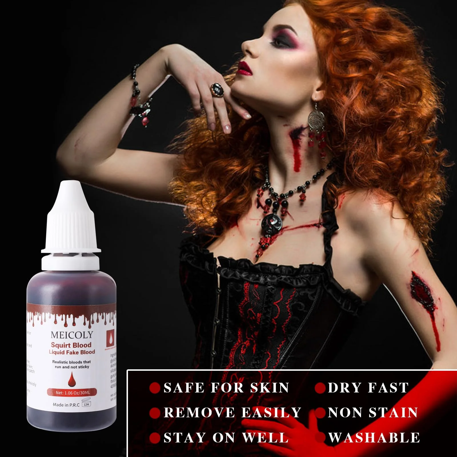 MEICOLY 2.1Oz Halloween Dripping Fake Blood,Safe Realistic Washable Edible Liquid Blood Sangre Falsa with 0.7 Oz Cleaning Soap,Squirt Blood for Clothes,Zombie Vampire Monster,SFX Cut Wound Makeup,Dark - Image 7