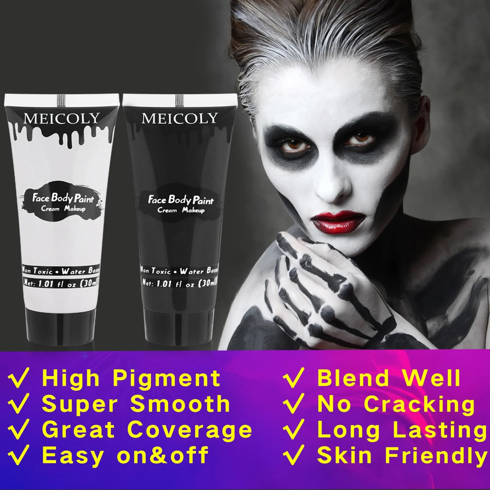 MEICOLY Black White Face Body Paint with Sponges,Water Based Face Paint for Adults Kid,White Face Paint,Face Painting for Clown Makeup,Halloween SFX Skull Zombie Skeleton Mime Goth Makeup Corpse Paint - Image 7