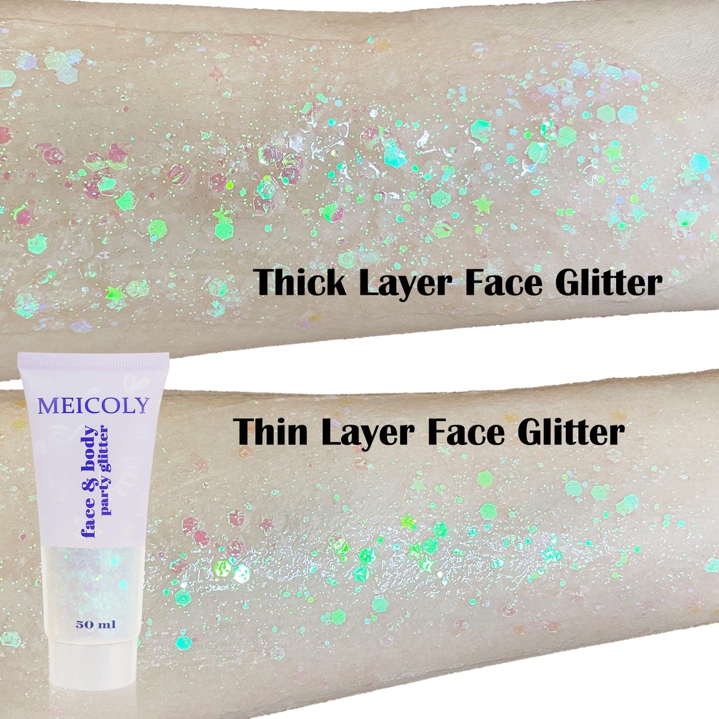 MEICOLY Clear White Body Glitter,Singer Concerts Music Festival Rave Accessories,Mermaid Face Glitter Gel,Sequins Glitter Face Paint,Chunky Hair Sparkling Halloween Glitter Gel for Women,50ml - Image 5