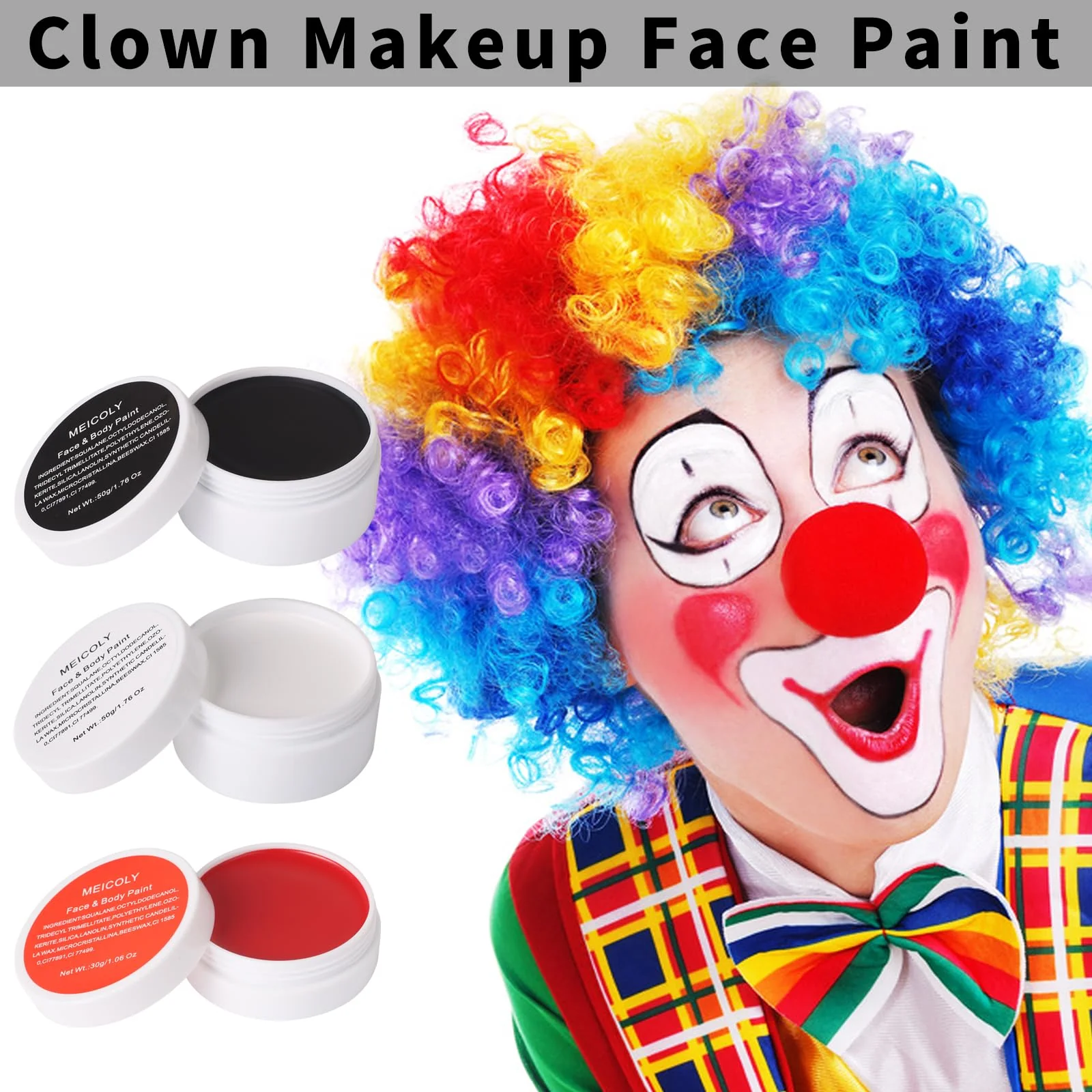 MEICOLY Clown Makeup Kit,White Black Red Face Body Paint for Halloween Devil Joker Zombie Vampire Skeleton SFX Makeup,Pro Oil Based Body Paint with 6 Painting Brushes,4 Sponges,130g/4.59 oz - Image 9