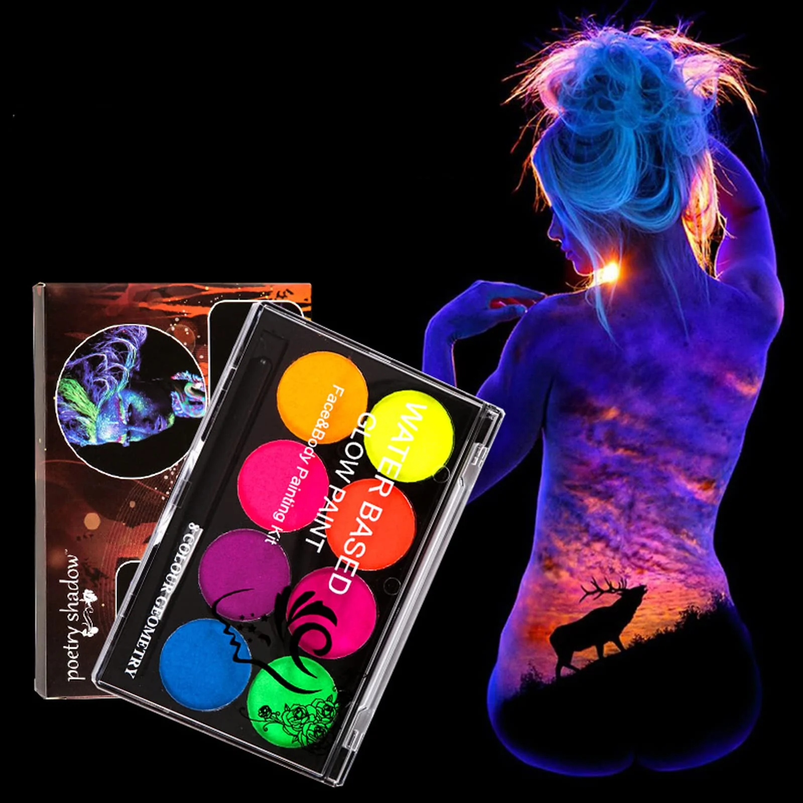 MEICOLY Neon Face Paint,UV Blacklight Glow Face Paint,8 Bright Colors Neon Fluorescent Rave Body Paint Palette,Water Activated Eyeliner,Water Based Glow In The Dark Halloween Washable for Kids Adults - Image 4