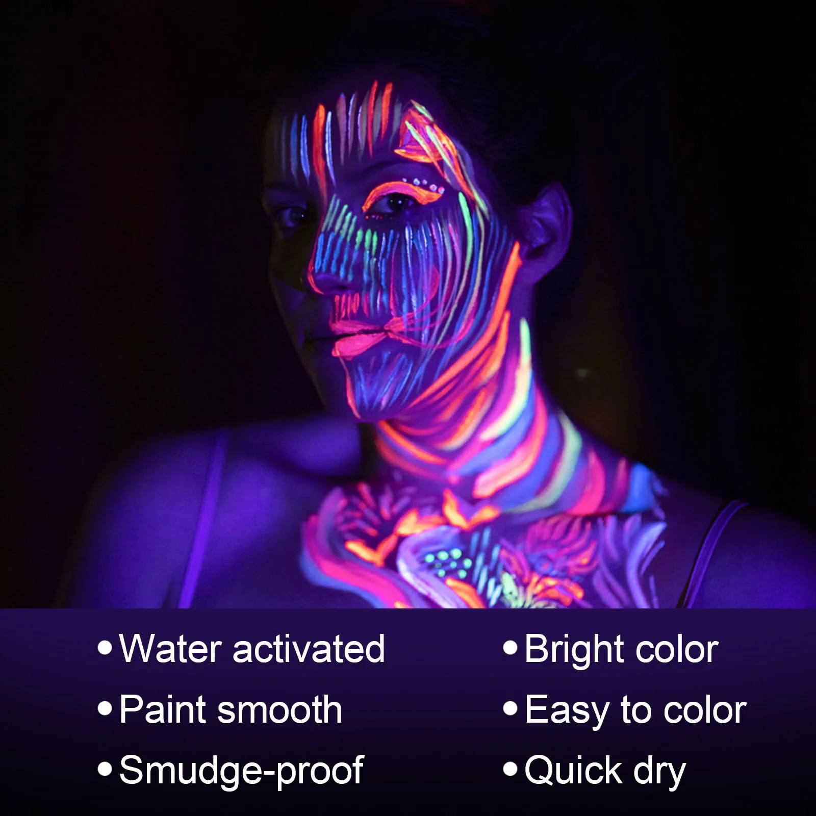 MEICOLY Neon Face Paint,UV Blacklight Glow Face Paint,8 Bright Colors Neon Fluorescent Rave Body Paint Palette,Water Activated Eyeliner,Water Based Glow In The Dark Halloween Washable for Kids Adults - Image 9