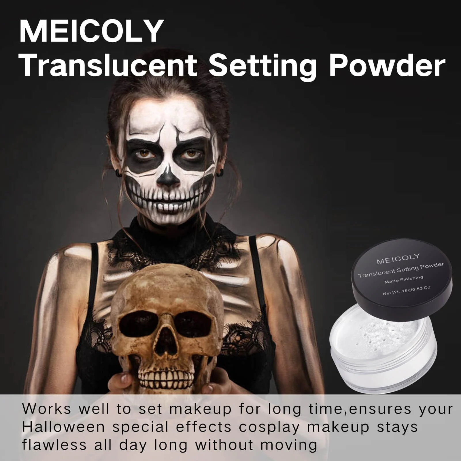 MEICOLY Talc-Free Setting Powder with Sifter,Long Lasting Loose Face Powder,Translucent Powder Colorset Powder,Matte Finishing White Face Paint Setting Powder for Halloween SFX Makeup,Oil Control - Image 3