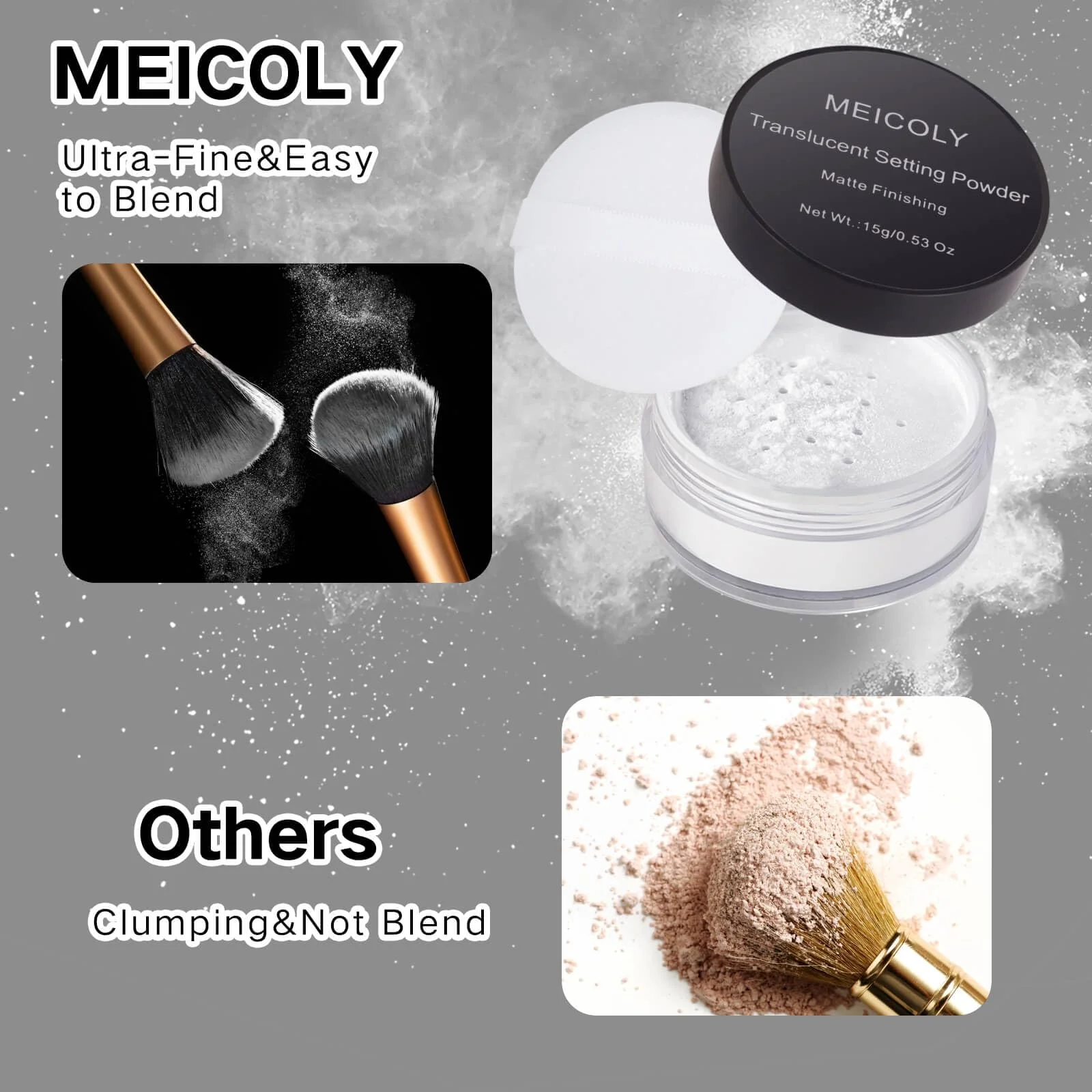 MEICOLY Talc-Free Setting Powder with Sifter,Long Lasting Loose Face Powder,Translucent Powder Colorset Powder,Matte Finishing White Face Paint Setting Powder for Halloween SFX Makeup,Oil Control - Image 4