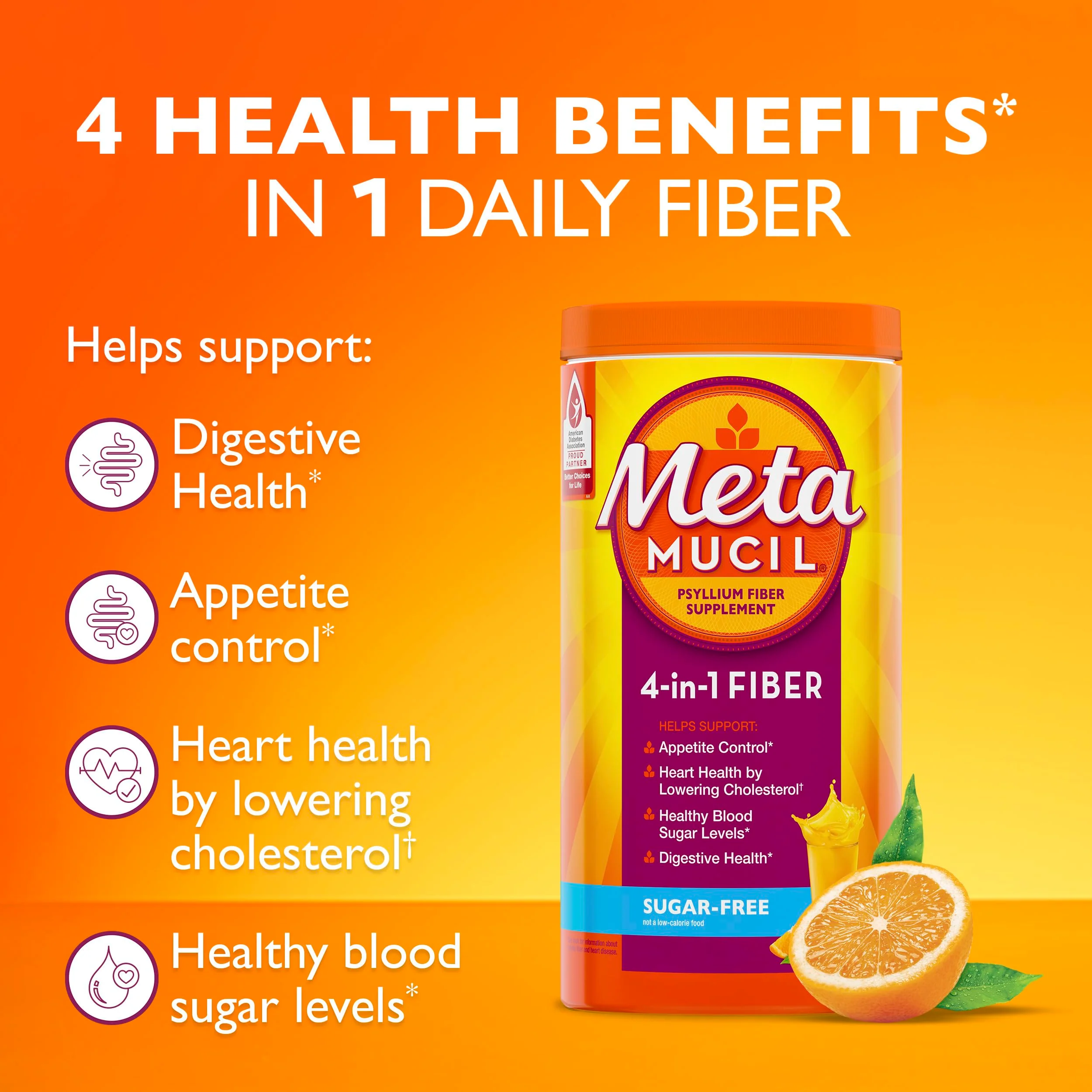 Metamucil 4-in-1 Psyllium Husk GLP-1 Friendly Fiber Supplement, Sugar-Free, 114 teaspoons, Orange Flavored, Daily Fiber Powder for Digestive Health, made with Plant-Based Psyllium Husk Fiber - Image 3