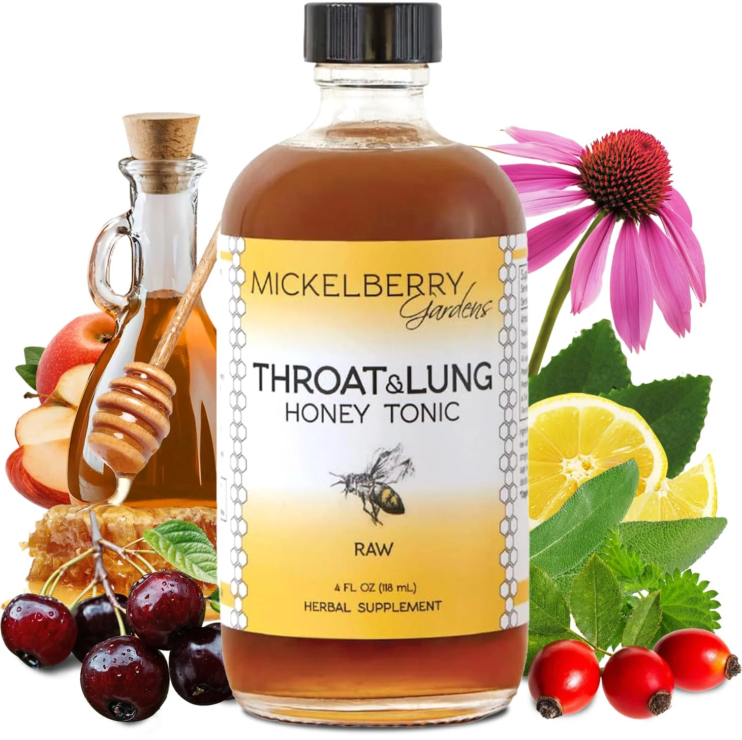 Mickelberry Gardens Throat & Lung Honey Tonic: Wellness Syrup, Natural Sore Throat Relief, Immune Support & Cough Suppressant for Adults & Kids (4 oz)