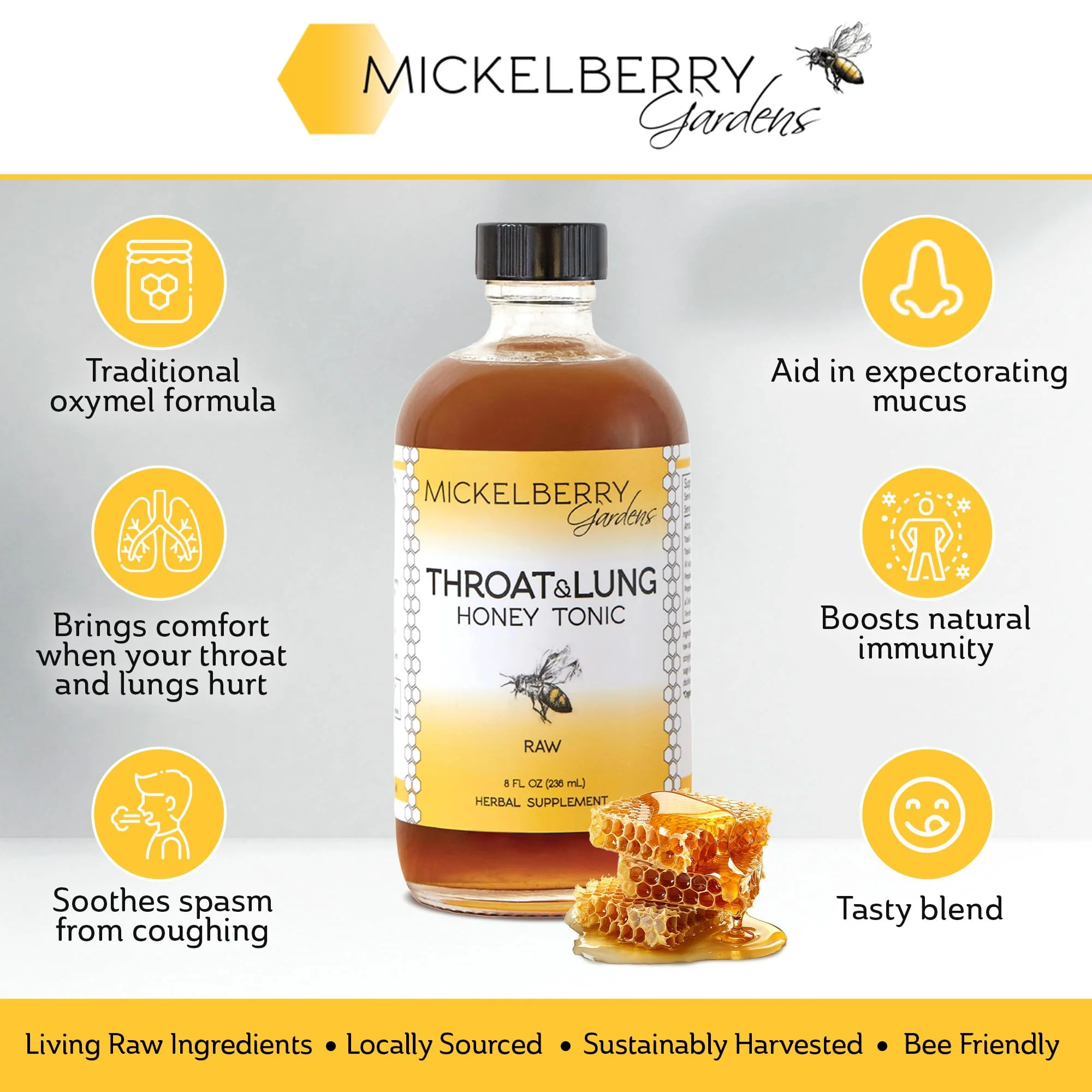 Mickelberry Gardens Throat & Lung Honey Tonic: Wellness Syrup, Natural Sore Throat Relief, Immune Support & Cough Suppressant for Adults & Kids (8 oz) - Image 6