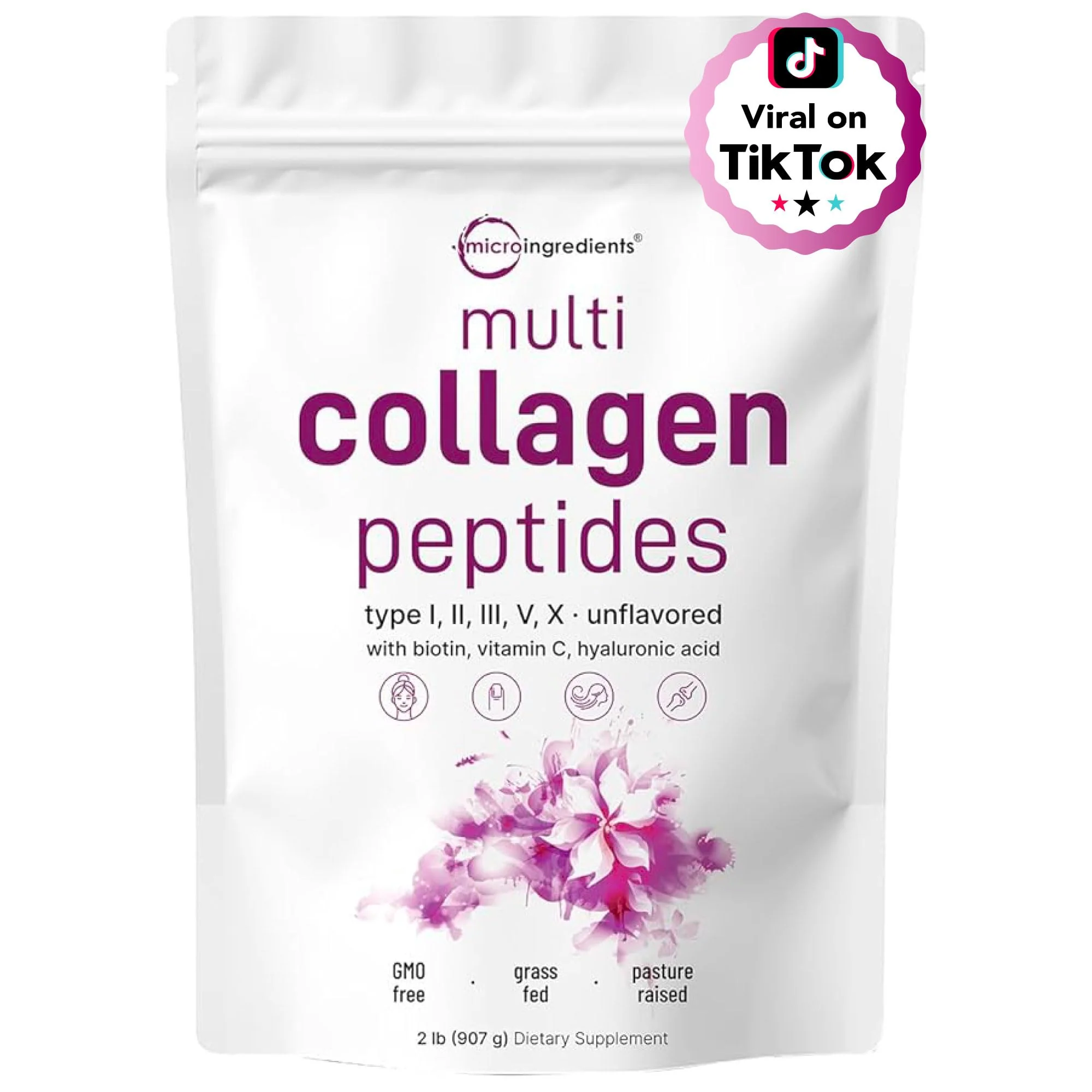 Micro Ingredients Multi Collagen Peptides Powder, 2lb – Hydrolyzed Type I,II,III,V,X with Biotin 10000mcg, Hyaluronic Acid, Vitamin C – Unflavored Collagen for Women & Men, Easy Dissolve, 82 Servings