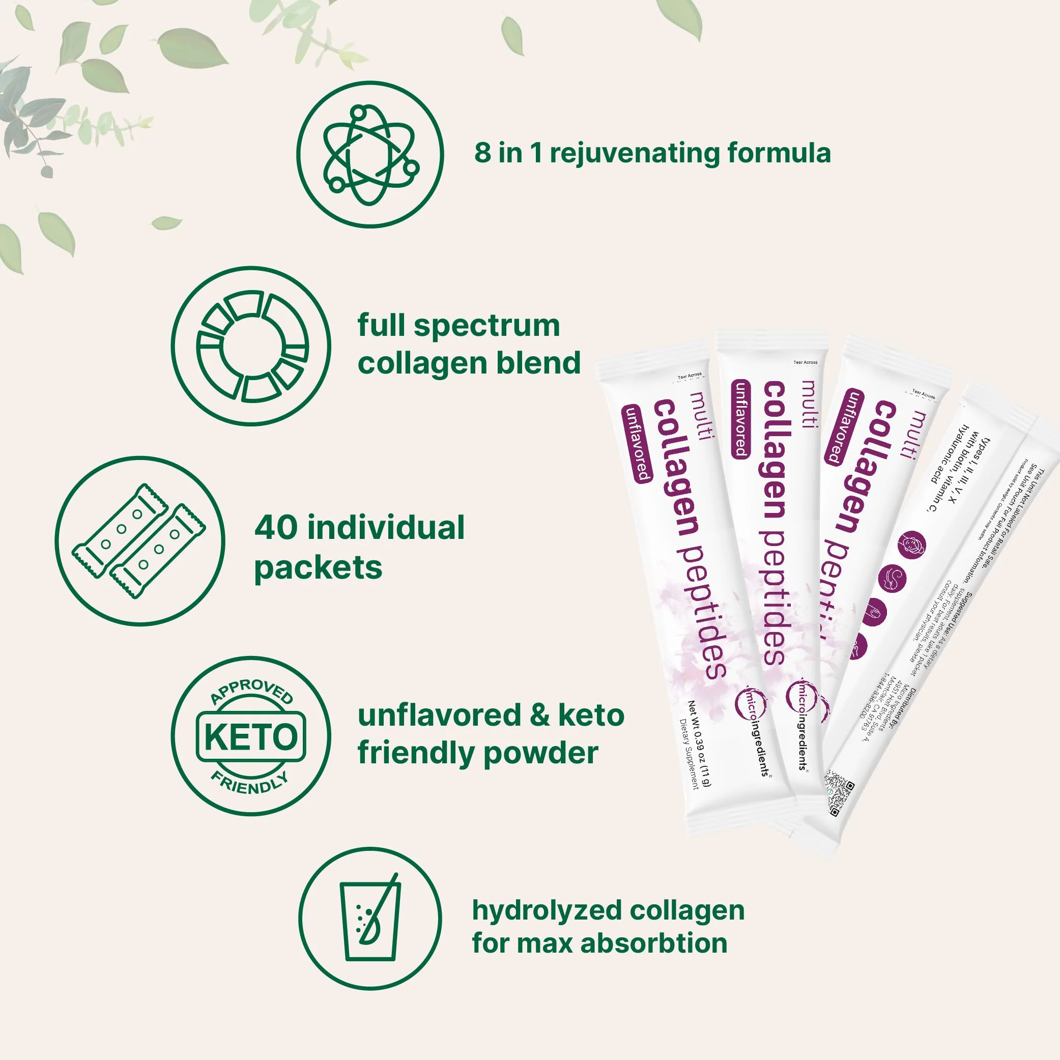 Micro Ingredients Multi Collagen Peptides Powder, 40 Stick Packs | Type I, II, III, V, X + Biotin, Vitamin C & Hyaluronic Acid | Unflavored | Supports Hair, Skin & Joint Health | Keto, Non-GMO - Image 4