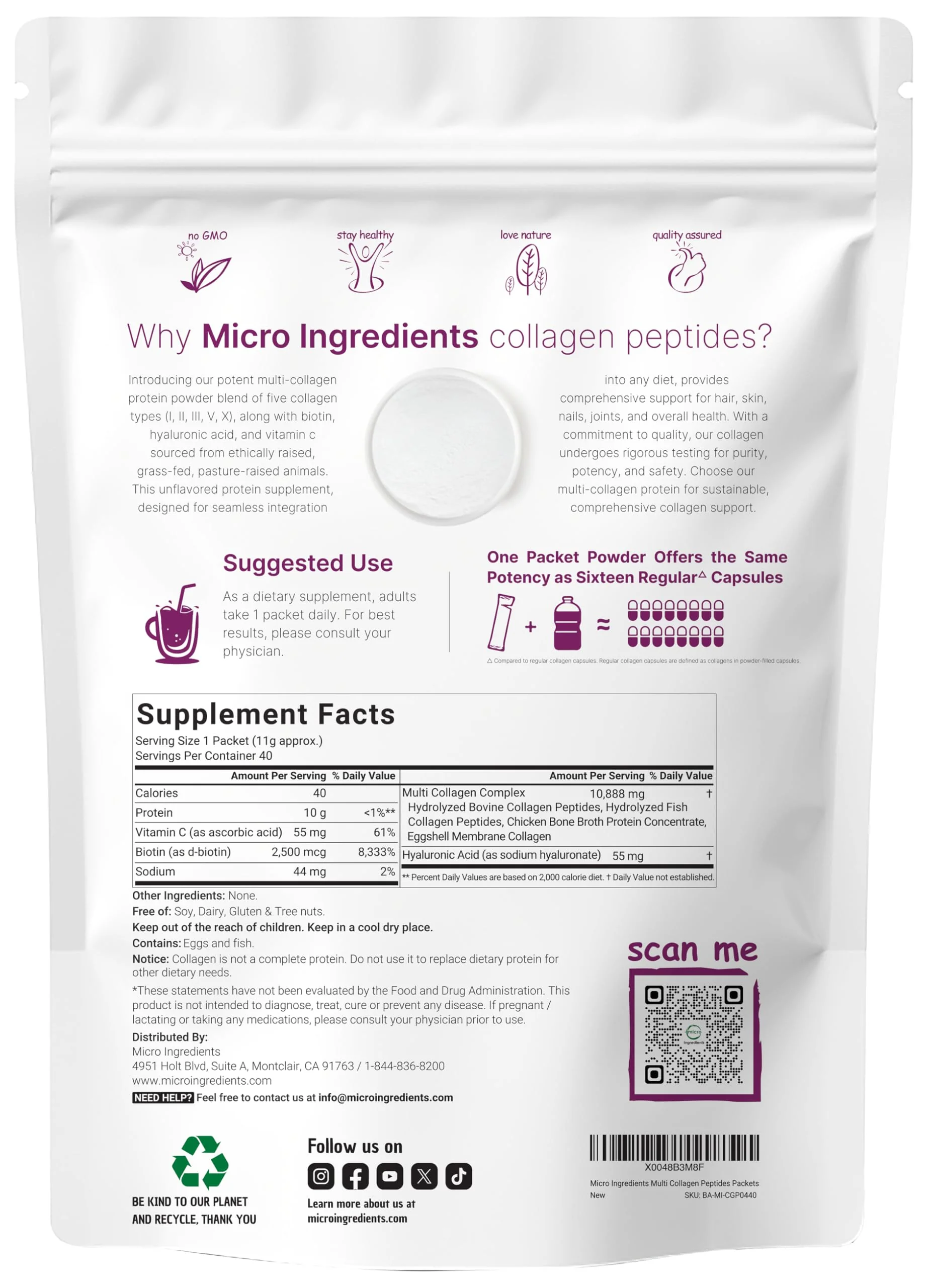 Micro Ingredients Multi Collagen Peptides Powder, 40 Stick Packs | Type I, II, III, V, X + Biotin, Vitamin C & Hyaluronic Acid | Unflavored | Supports Hair, Skin & Joint Health | Keto, Non-GMO - Image 6