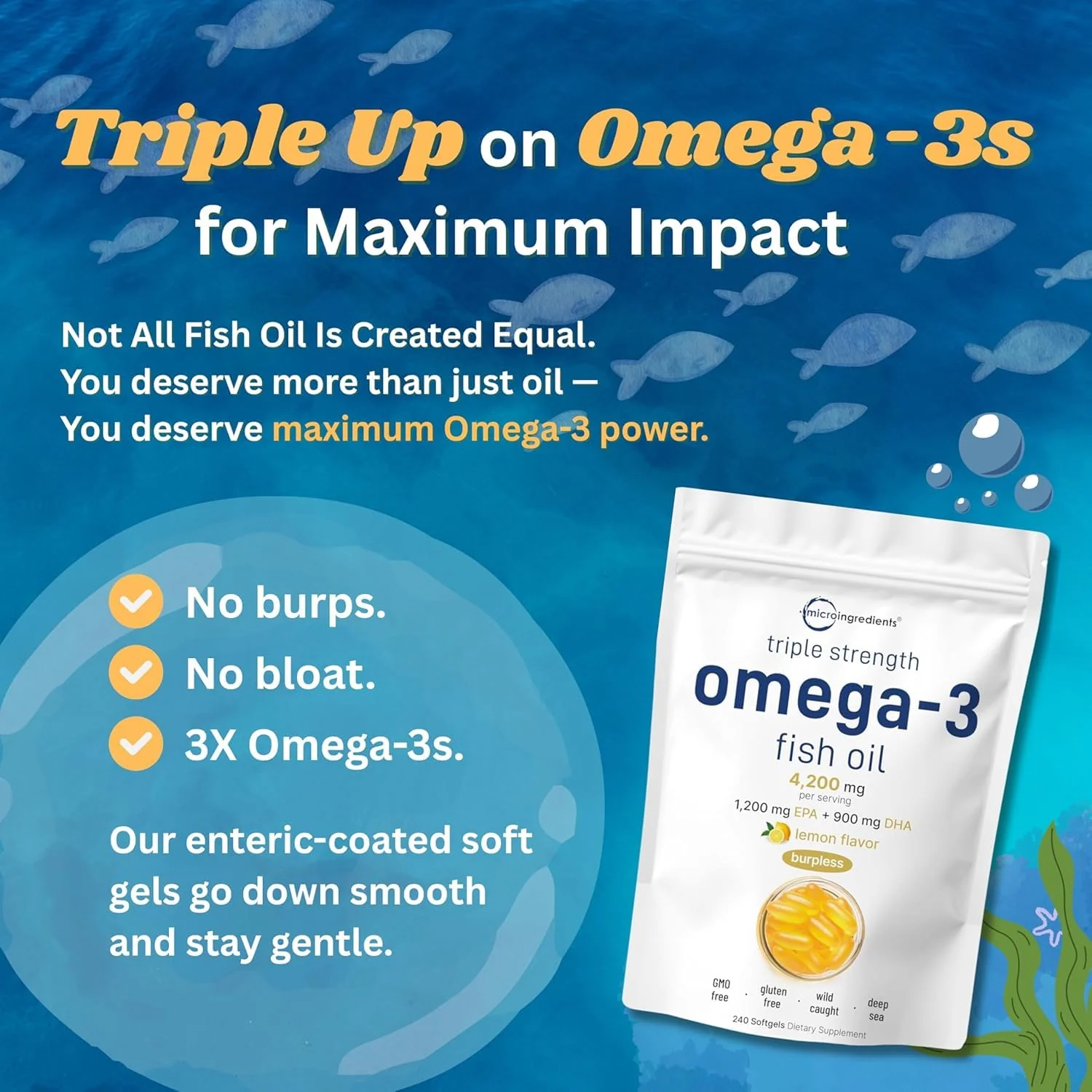Micro Ingredients Triple Strength Omega 3 Fish Oil Supplements 4200mg Per Serving, 240 Softgels – Lemon Flavored – Burpless | EPA 1200mg + DHA 900mg | Deep Sea Fish - Image 4
