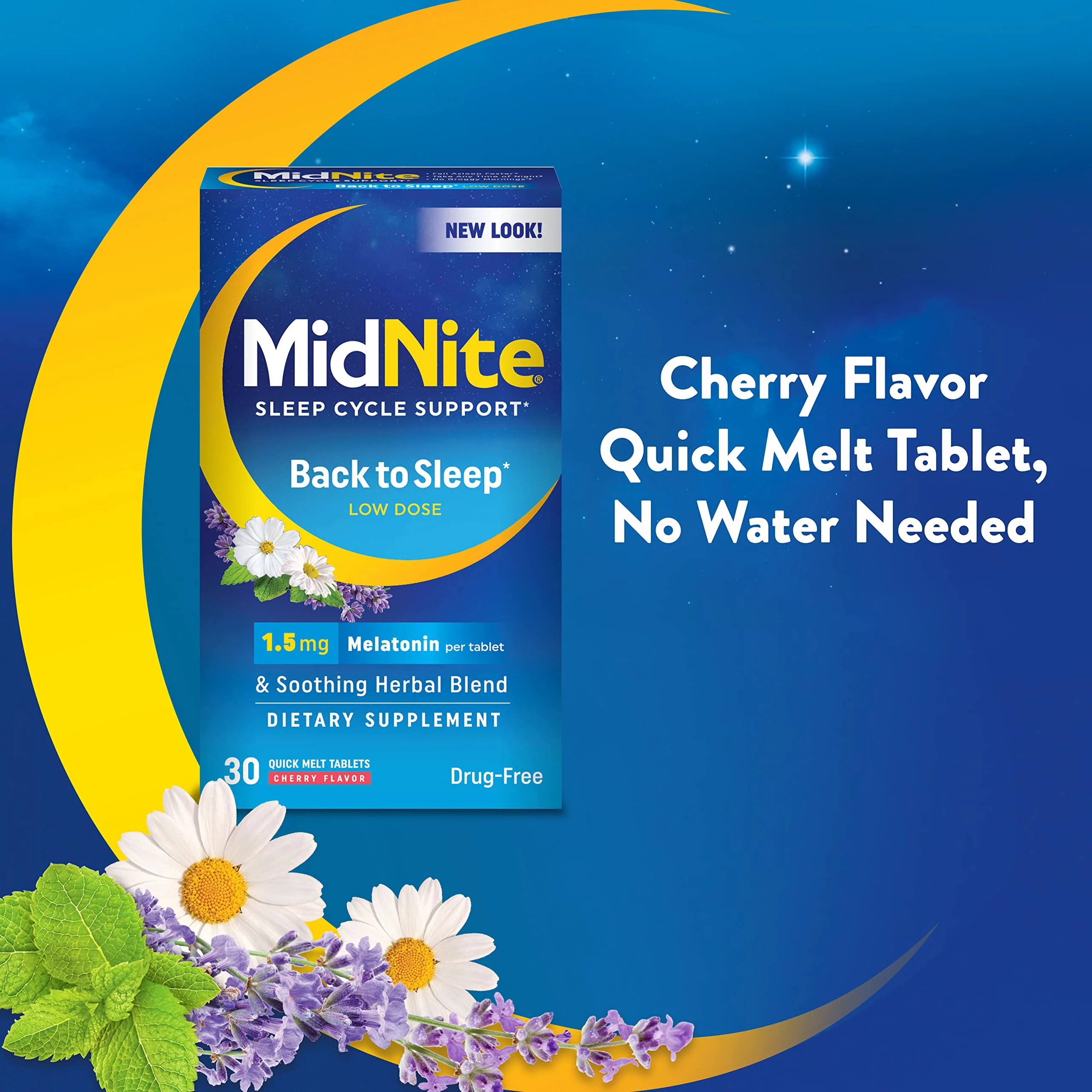 MidNite Back to Sleep Low Dose, 1.5 mg Melatonin Sleep Aid, Non-Habit Forming, Herbal Dietary Supplement for Adults, Drug-Free, Gluten-Free, Lactose-Free, Vegetarian, Vegan, 30 Quick Melt Tablets - Image 4
