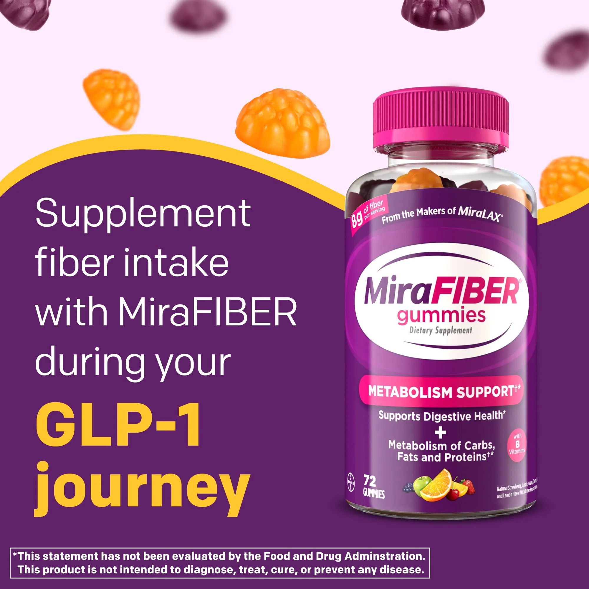 MiraFIBER Gummies from The Makers of MiraLAX, 8g of Daily Fiber Per Serving, Metabolism Support with B Vitamins, Gut Health for Men & Women, Prebiotic Fiber Gummies for Adults, Mixed Fruit Flavor 72Ct - Image 10