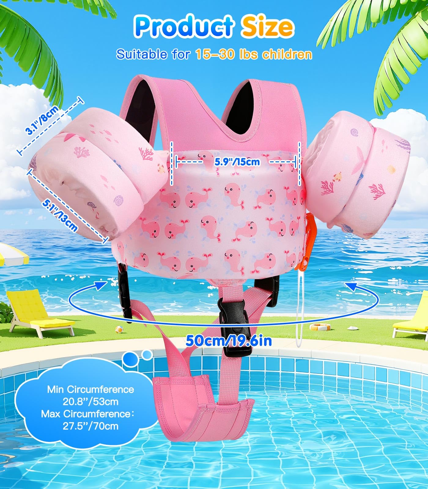 MoKo Swim Arm Floaties 15-30 lbs, Toddler Swim Vest for Kids Cartoon Swimming Water Wings with Crotch Strap, Pool Float Vests Sleeves Shoulder Straps Arm Band for Children, Baby Pink Whale - Image 2