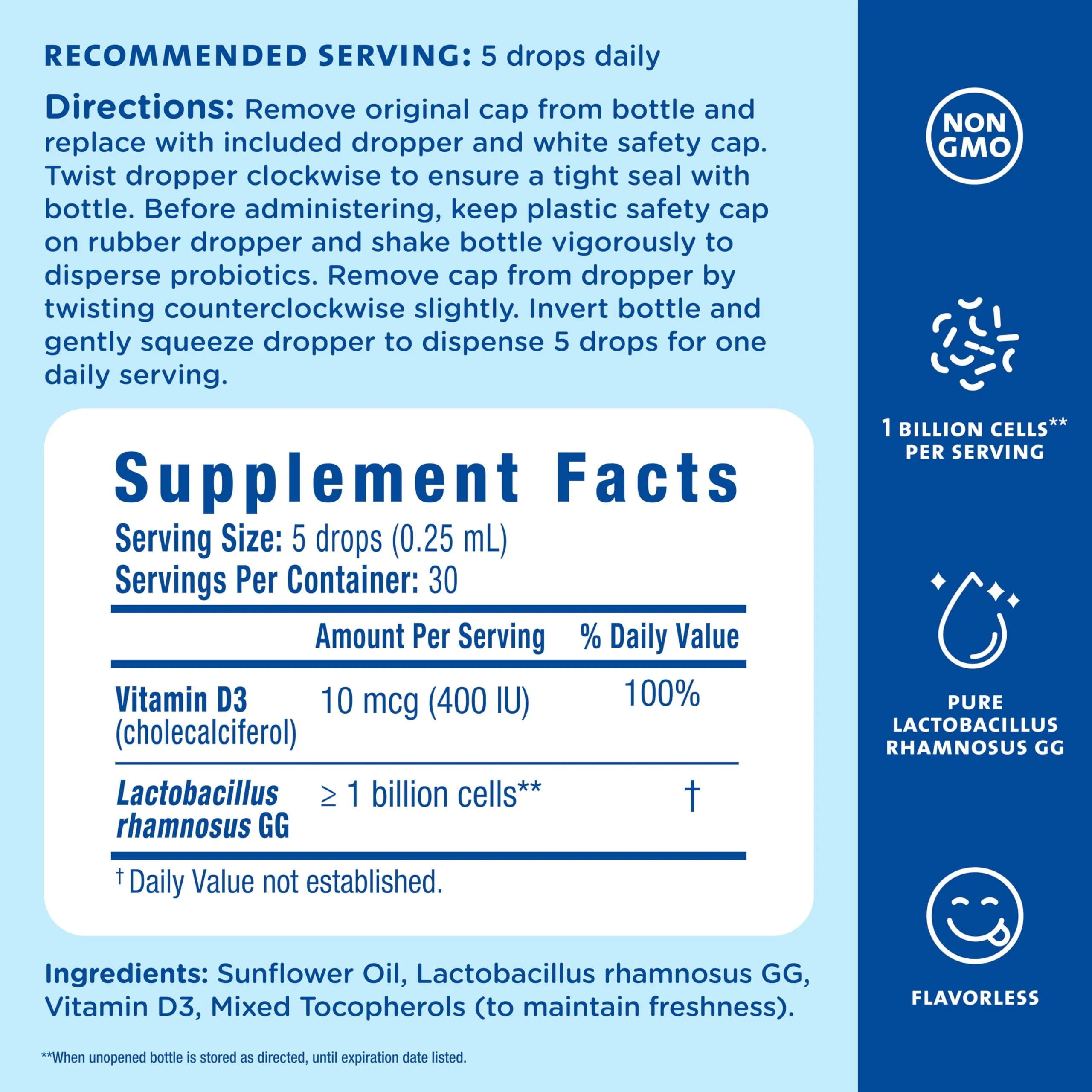 Mommy's Bliss Baby Probiotics + Vitamin D Drops, Supports Digestive Health & Immune Function*, 400IU Vitamin D , Supports Bone Development*, Newborns+, Flavorless, 0.34 Fl Oz (30 Servings) - Image 5