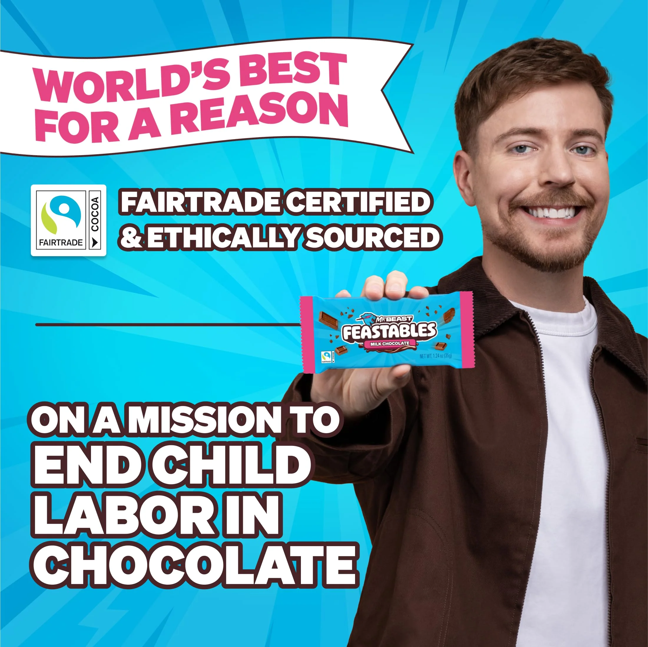 MrBeast Feastables Milk Chocolate Bar, Full Size, 5 Count, Smooth & Creamy Milk Chocolate Candy, Fairtrade Cocoa, 1.24oz Each - Image 2