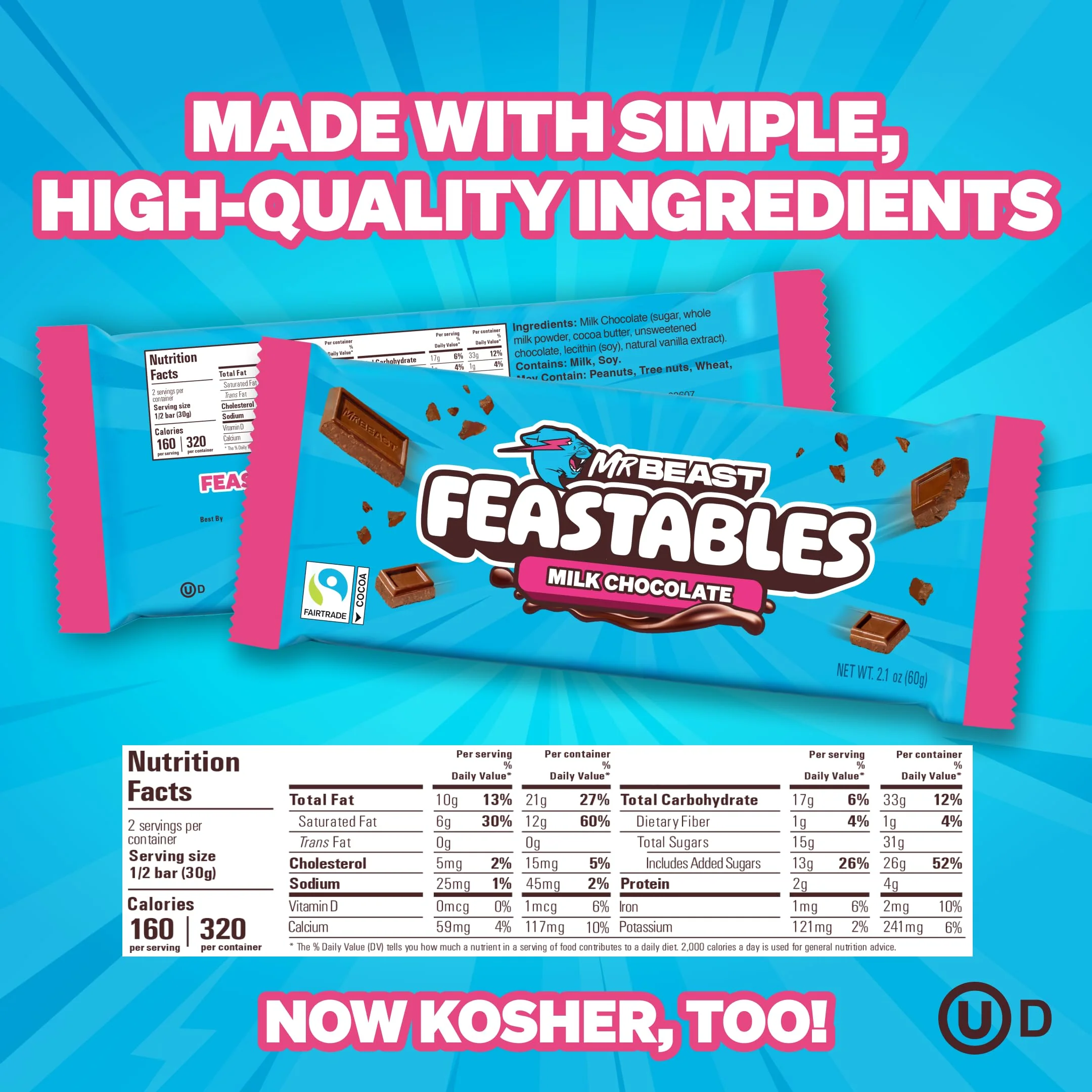 MrBeast Feastables Milk Chocolate Bar, King Size, 10 Count, Creamy Milk Chocolate Candy, Fairtrade Cocoa, 2.1oz Each - Image 6