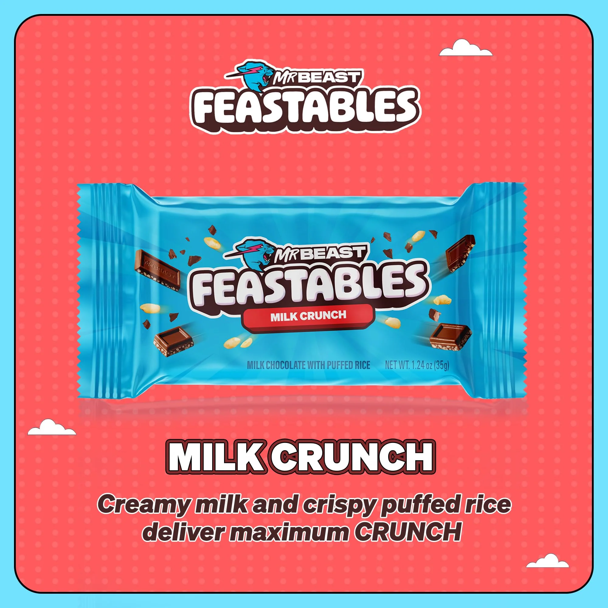 MrBeast Feastables Milk Chocolate Crunch Bar, Full Size, 24 Count, Crispy & Creamy Chocolate Candy, Fairtrade Cocoa, 1.24oz Each - Image 6
